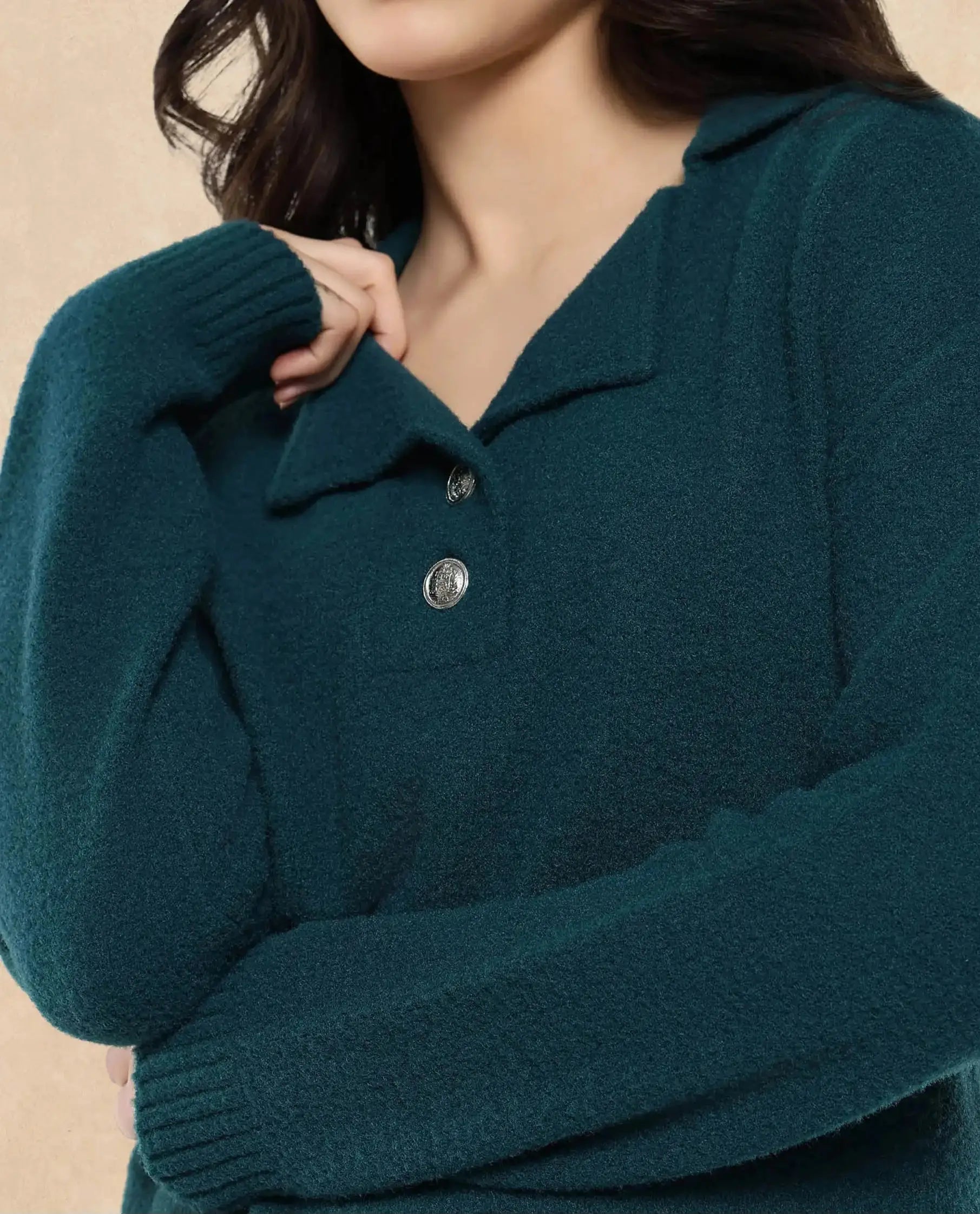 Rareism Women's Sirnak Green Drop Collar Plain Relaxed Fit Sweater
