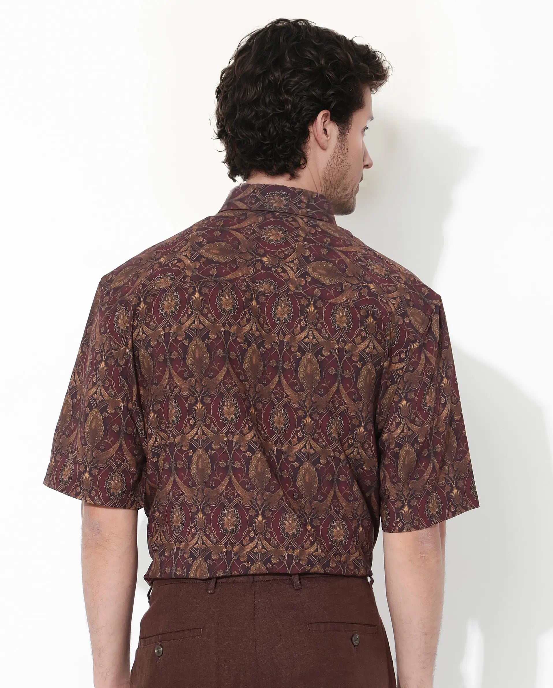 Rare Rabbit Men's Andin Brown Viscose Floral Print Boxy Fit Half Sleeve Collared Shirt