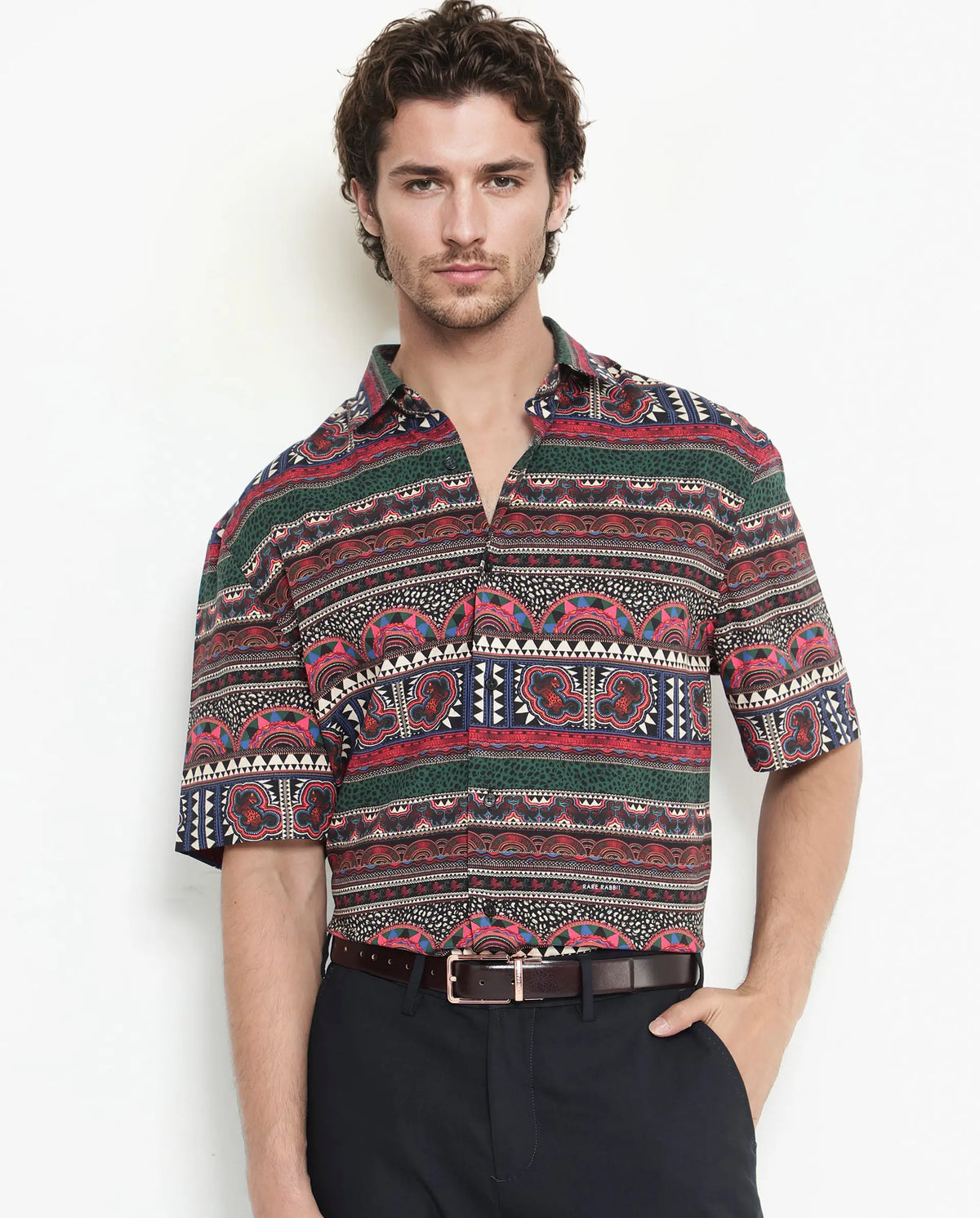 Rare Rabbit Men's Hatham Ss Black Viscose Abstract Print Boxy Fit Half Sleeve Spread Collar Shirt