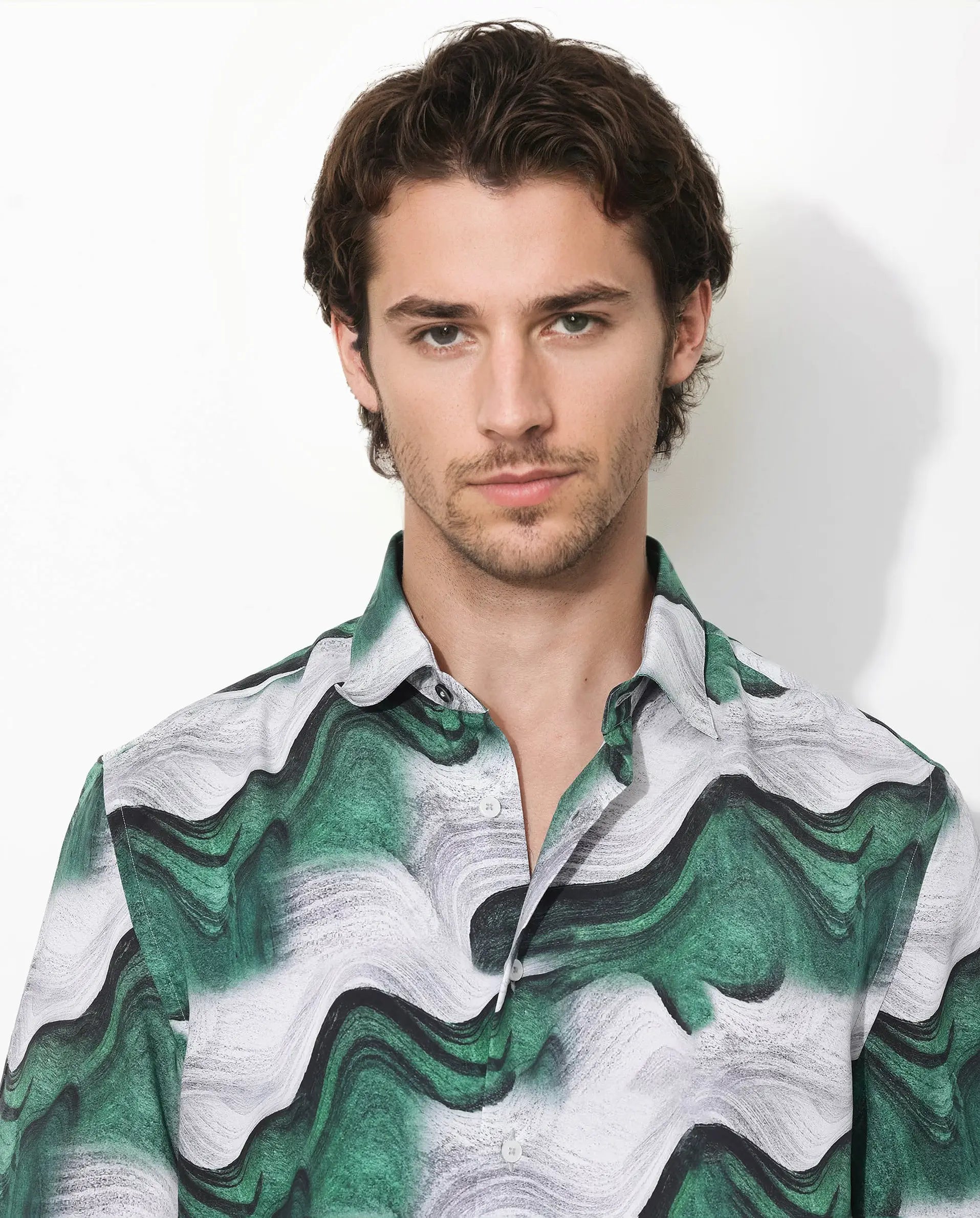 Rare Rabbit Men's Tijon Dark Green Viscose Abstract Print Regular Fit Half Sleeve Collared Shirt