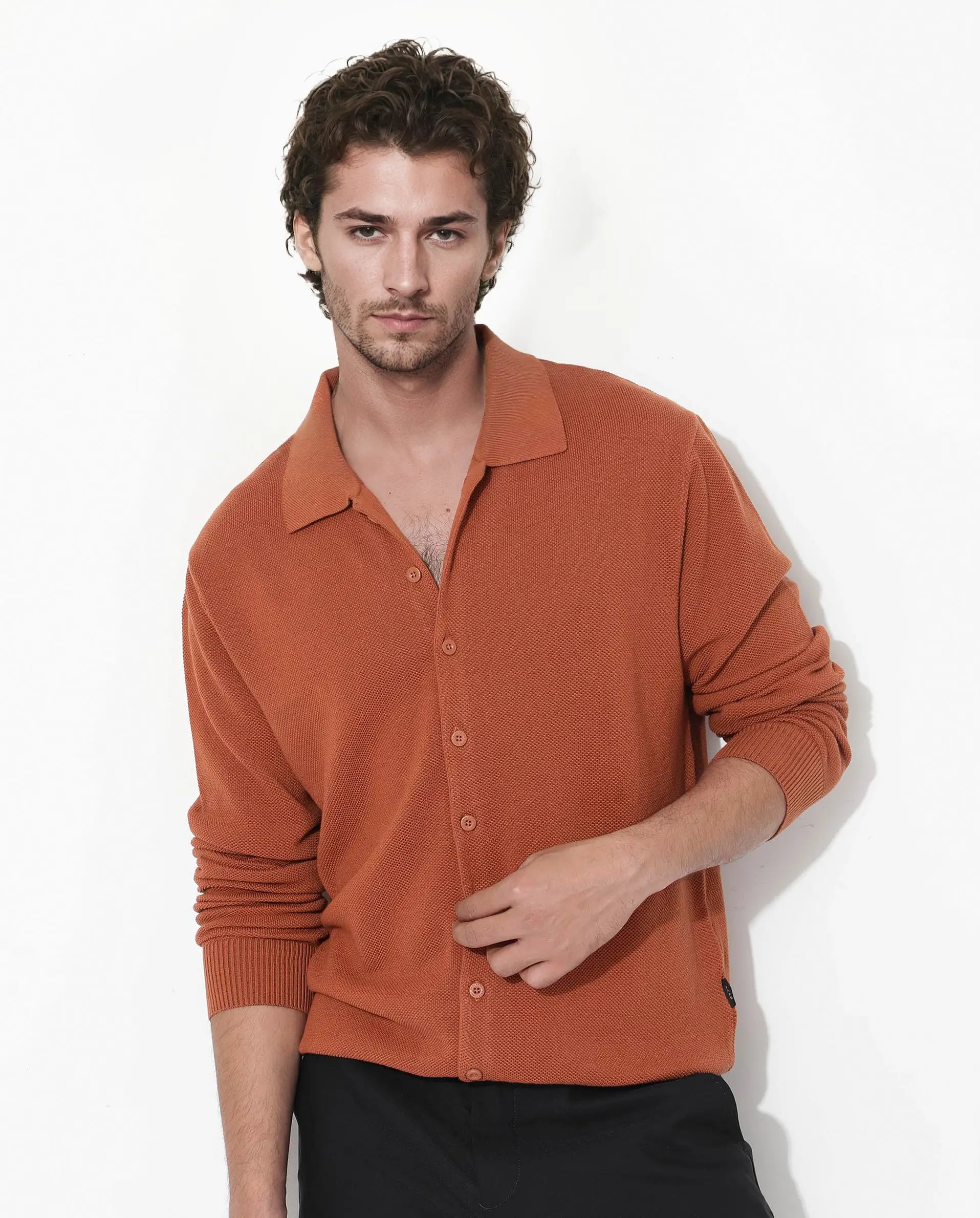 Rare Rabbit Men's Alias-N Dusky Rust Cotton Plain Regular Fit Full Sleeve Collared Shirt