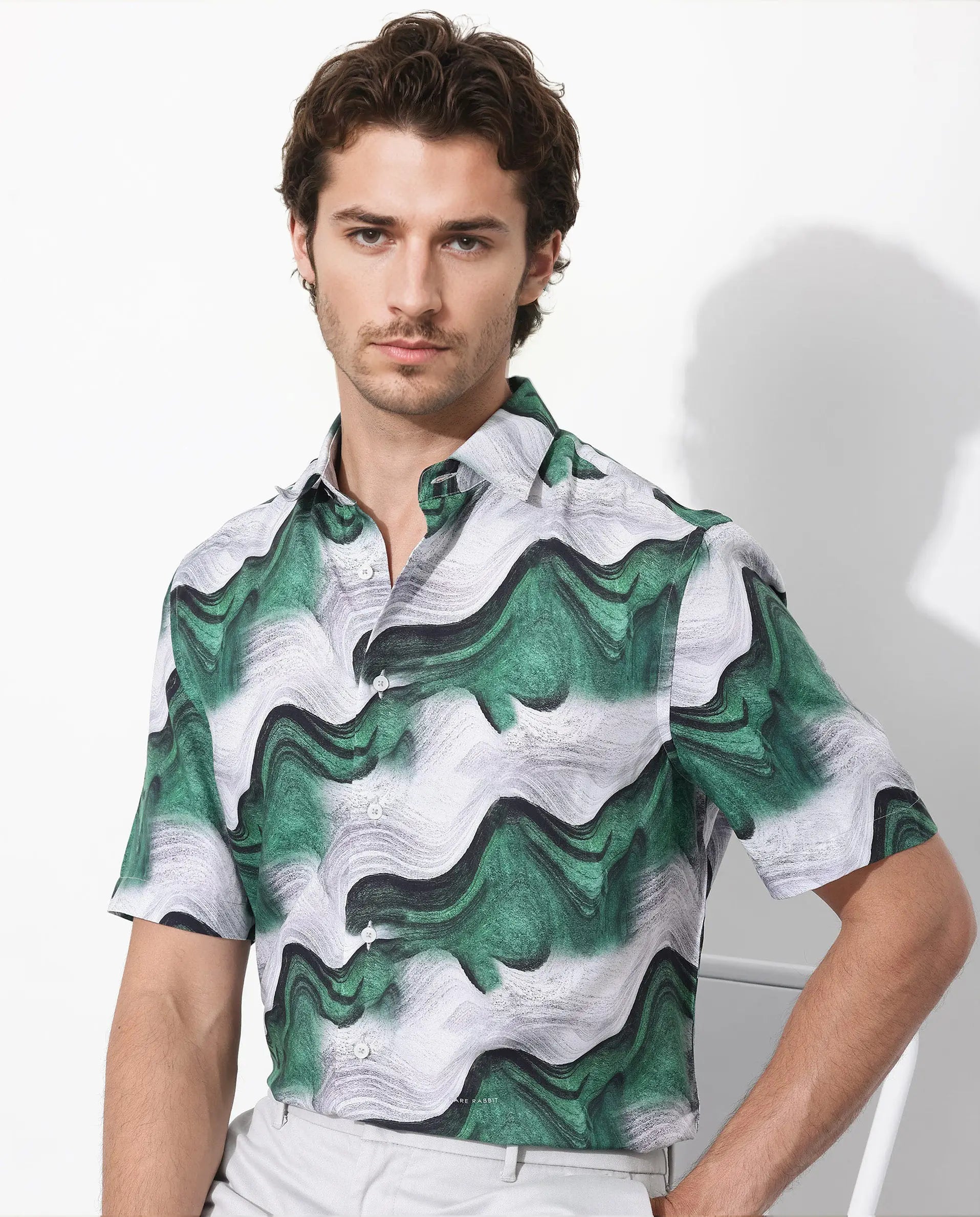 Rare Rabbit Men's Tijon Dark Green Viscose Abstract Print Regular Fit Half Sleeve Collared Shirt