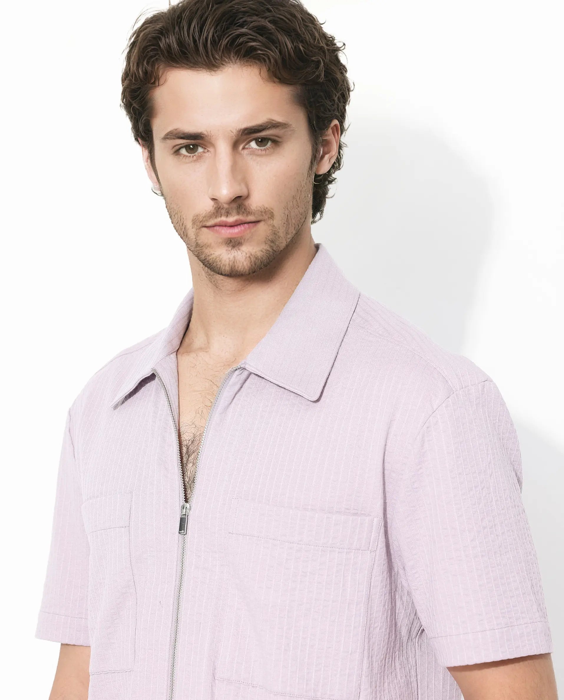 Rare Rabbit Men's Loomz Dusky Purple Cotton Textured Boxy Fit Half Sleeve Collared Shirt