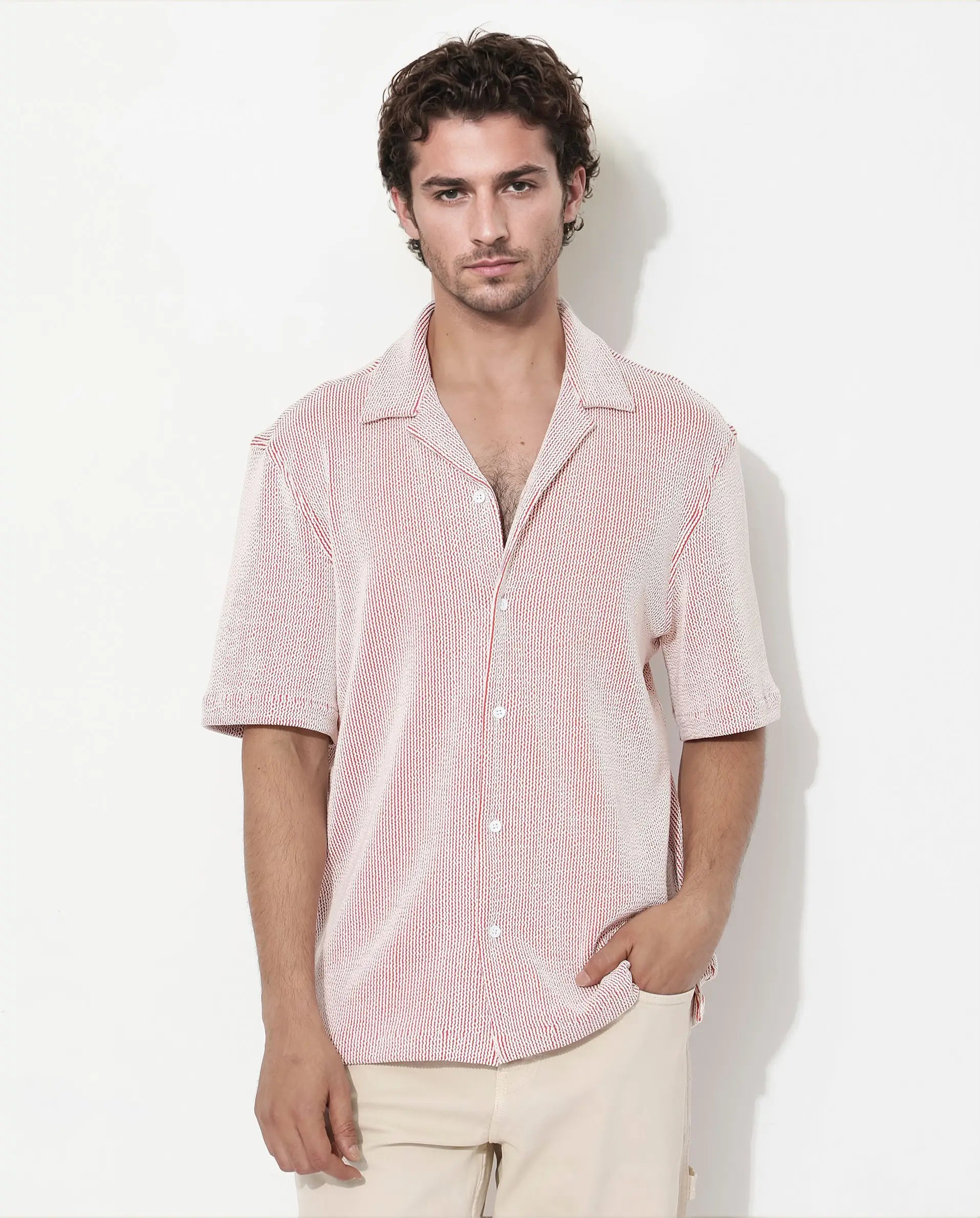 Rare Rabbit Men's Zavet-S Rust Cotton Striped Print Boxy Fit Half Sleeve Cuban Collar Shirt