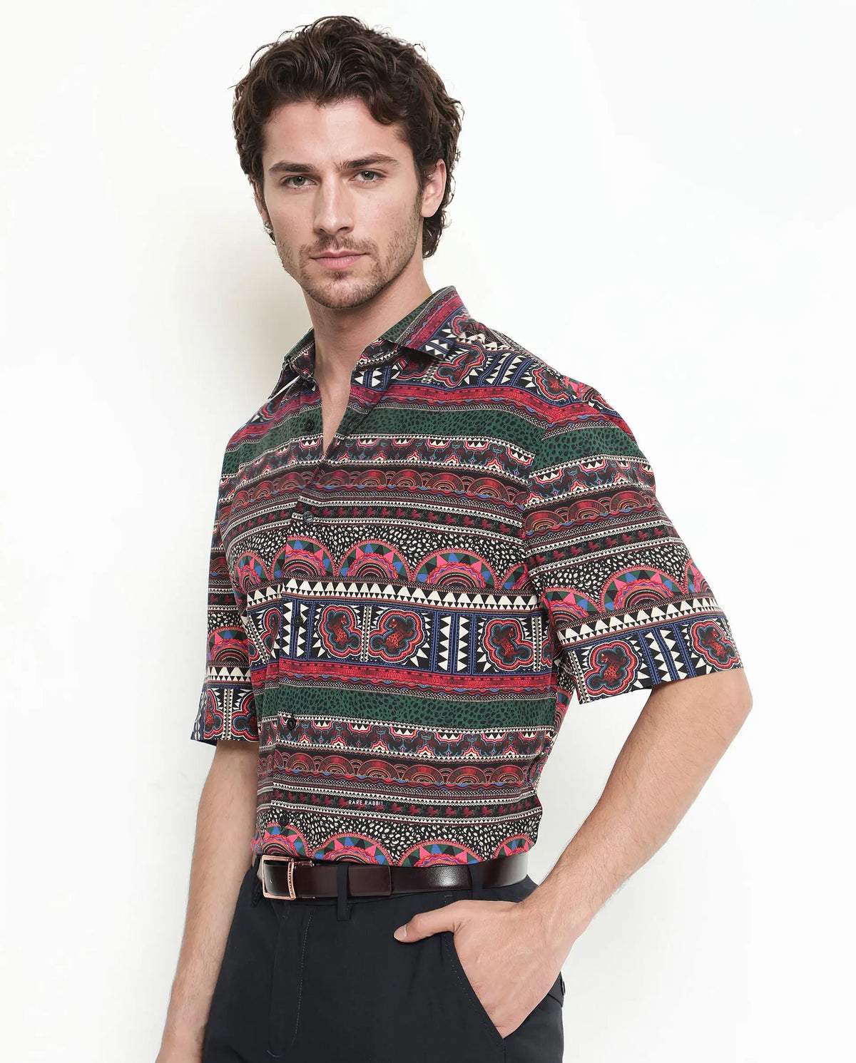 Rare Rabbit Men's Hatham Ss Black Viscose Abstract Print Boxy Fit Half Sleeve Spread Collar Shirt