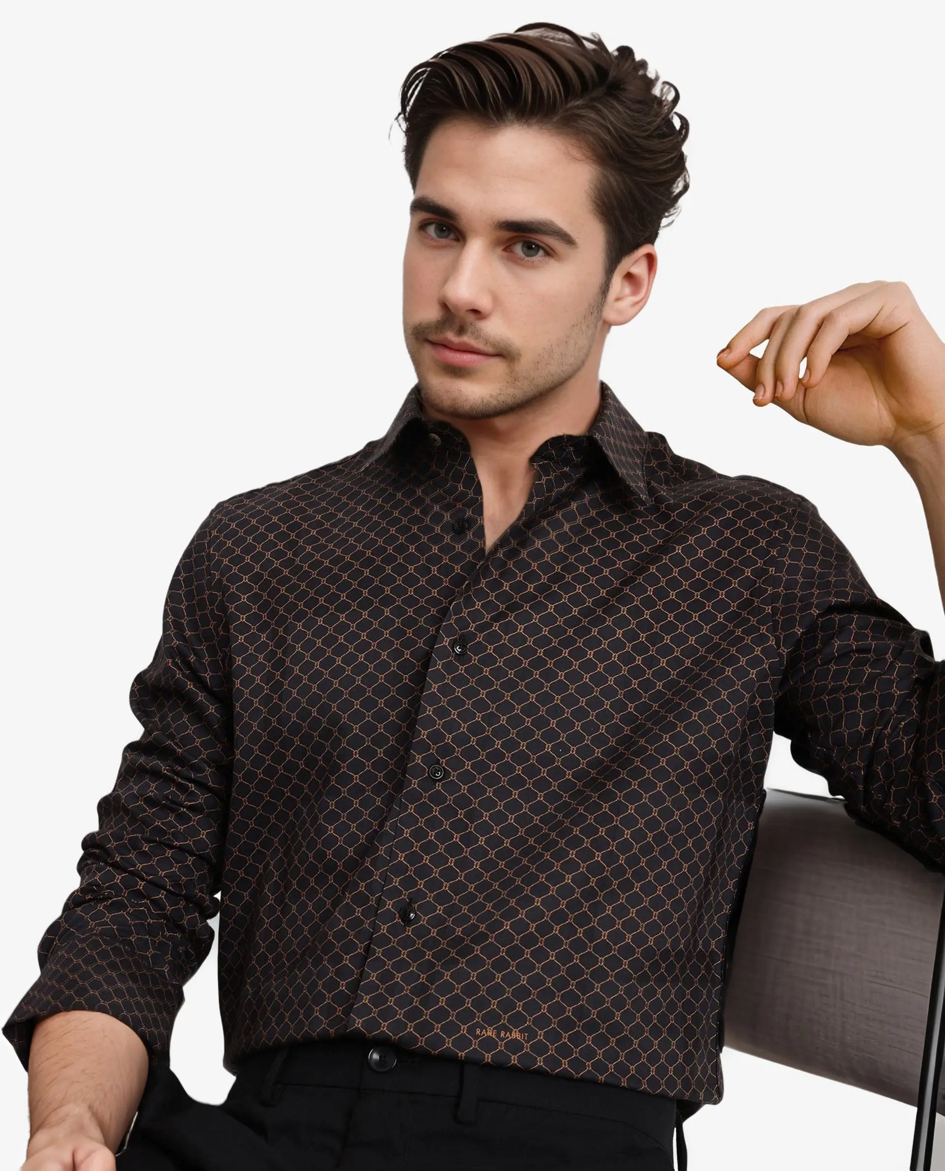 Rare Rabbit Men's Camden Black Cotton Geometric Print Regular Fit Full Sleeve Collared Shirt