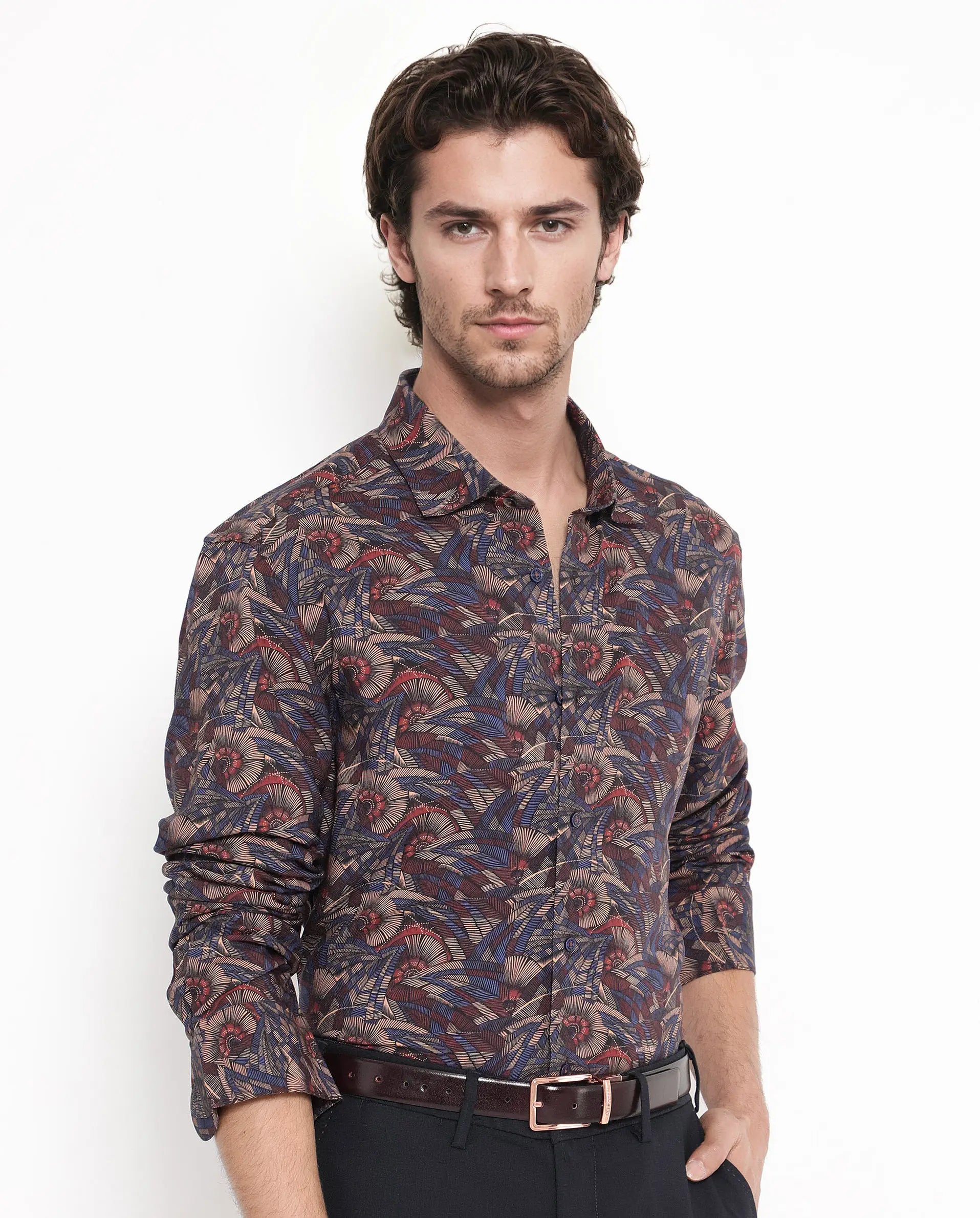 Rare Rabbit Men's Mids Navy Viscose Abstract Print Regular Fit Full Sleeve Collared Shirt