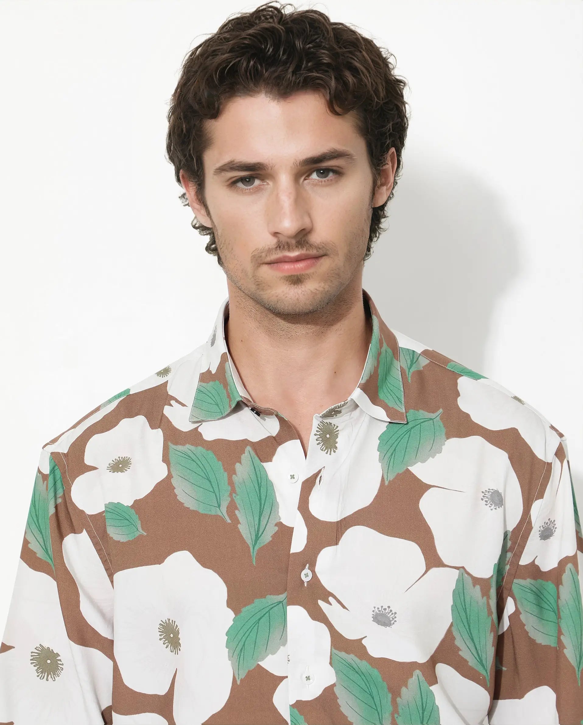 Rare Rabbit Men's Yuki Brown Viscose Floral Print Boxy Fit Half Sleeve Collared Shirt