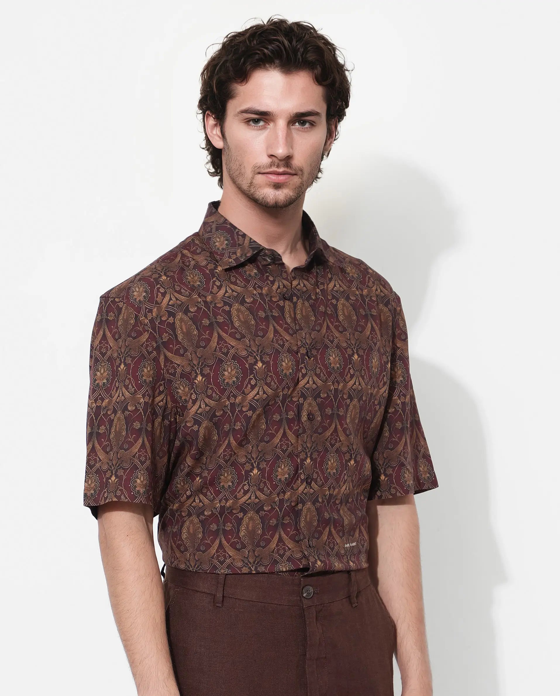 Rare Rabbit Men's Andin Brown Viscose Floral Print Boxy Fit Half Sleeve Collared Shirt