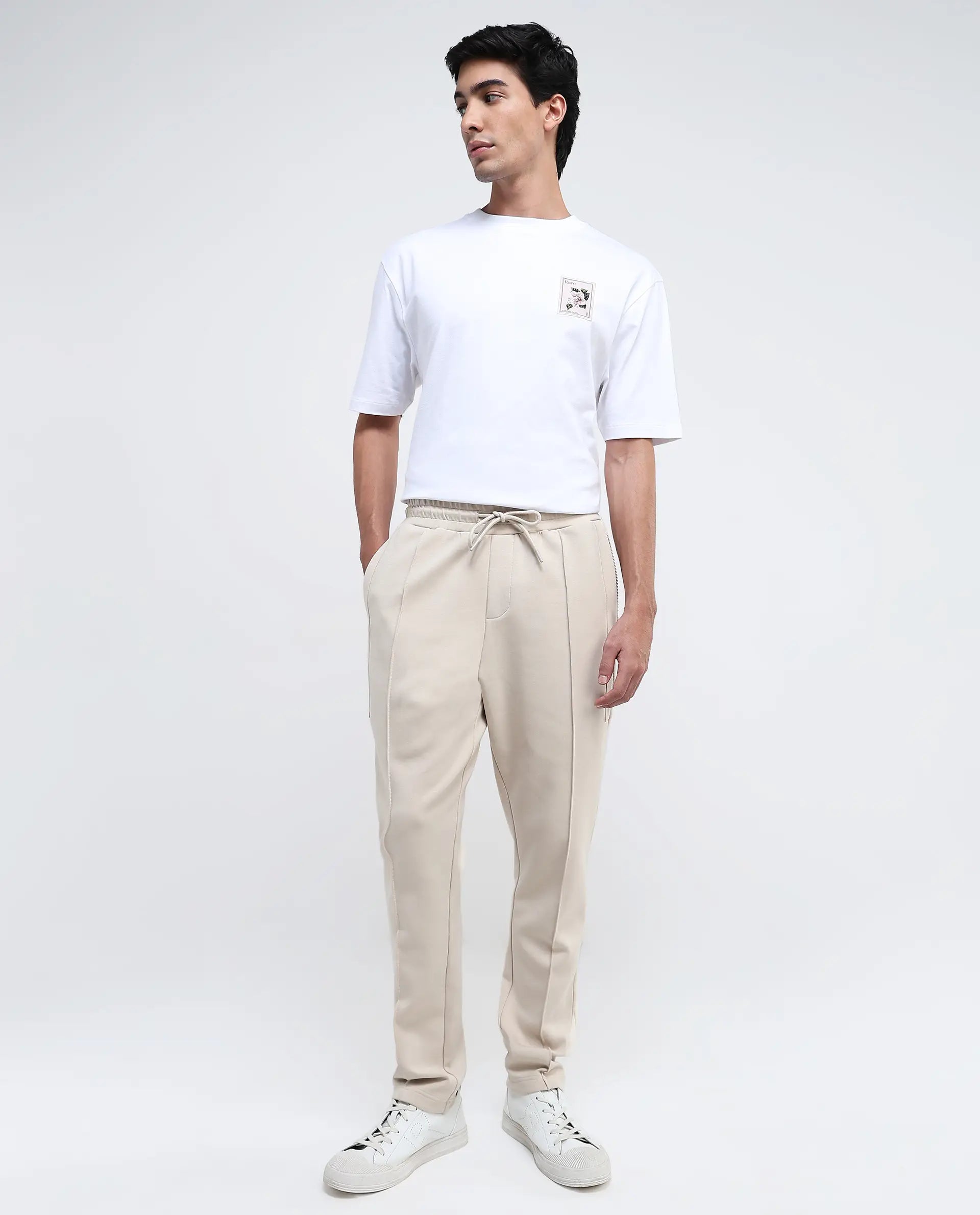 Rare Rabbit Men Scot Light Beige Full Sleeve Drawstring Closure Slim Fit Plain Track Pant