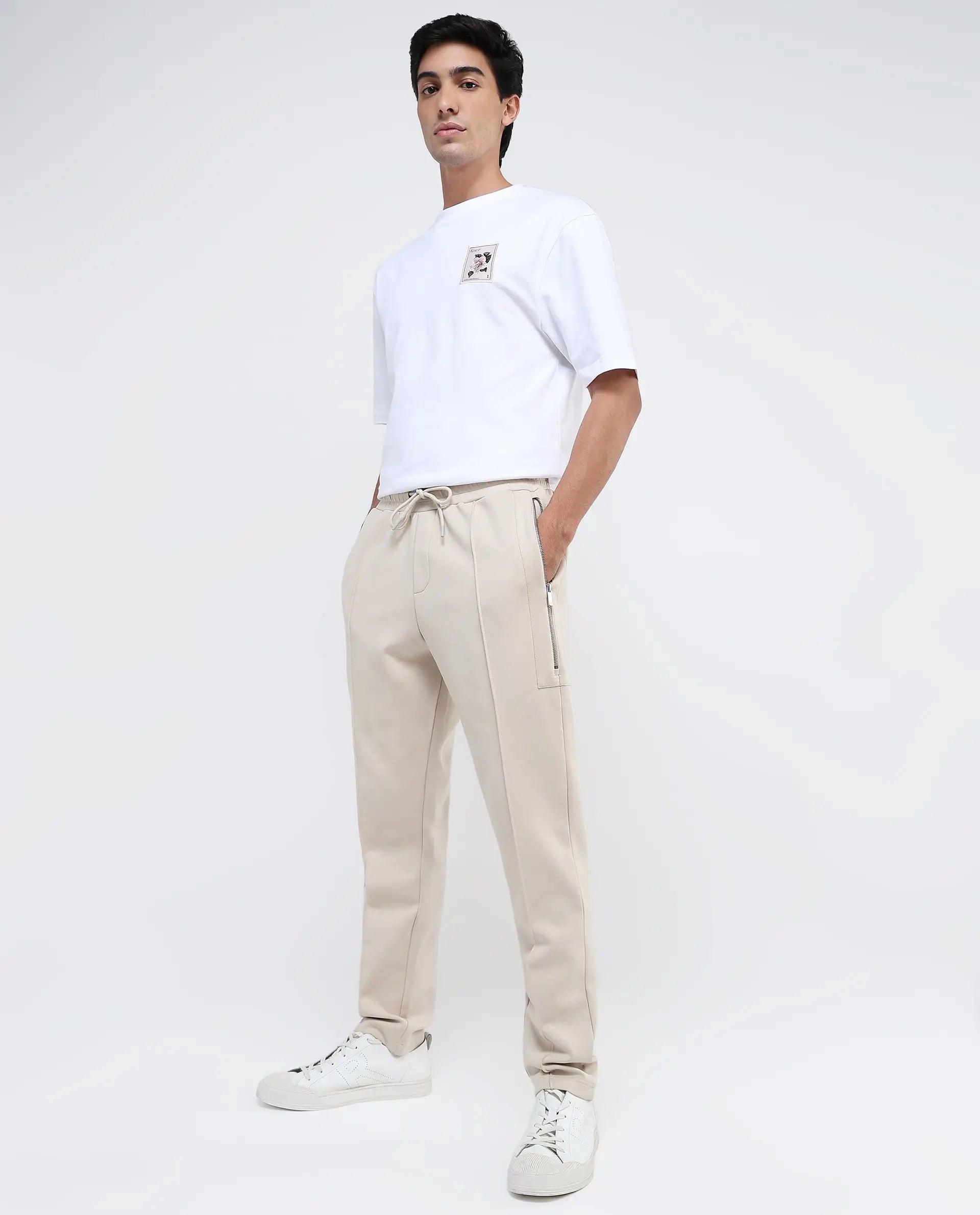 Rare Rabbit Men Scot Light Beige Full Sleeve Drawstring Closure Slim Fit Plain Track Pant