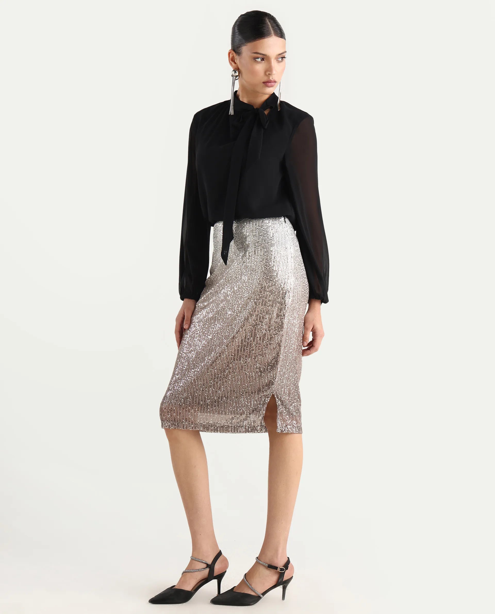 Rareism Women's Seoul Metallic Gold Plain Knee Length Fitted Skirt