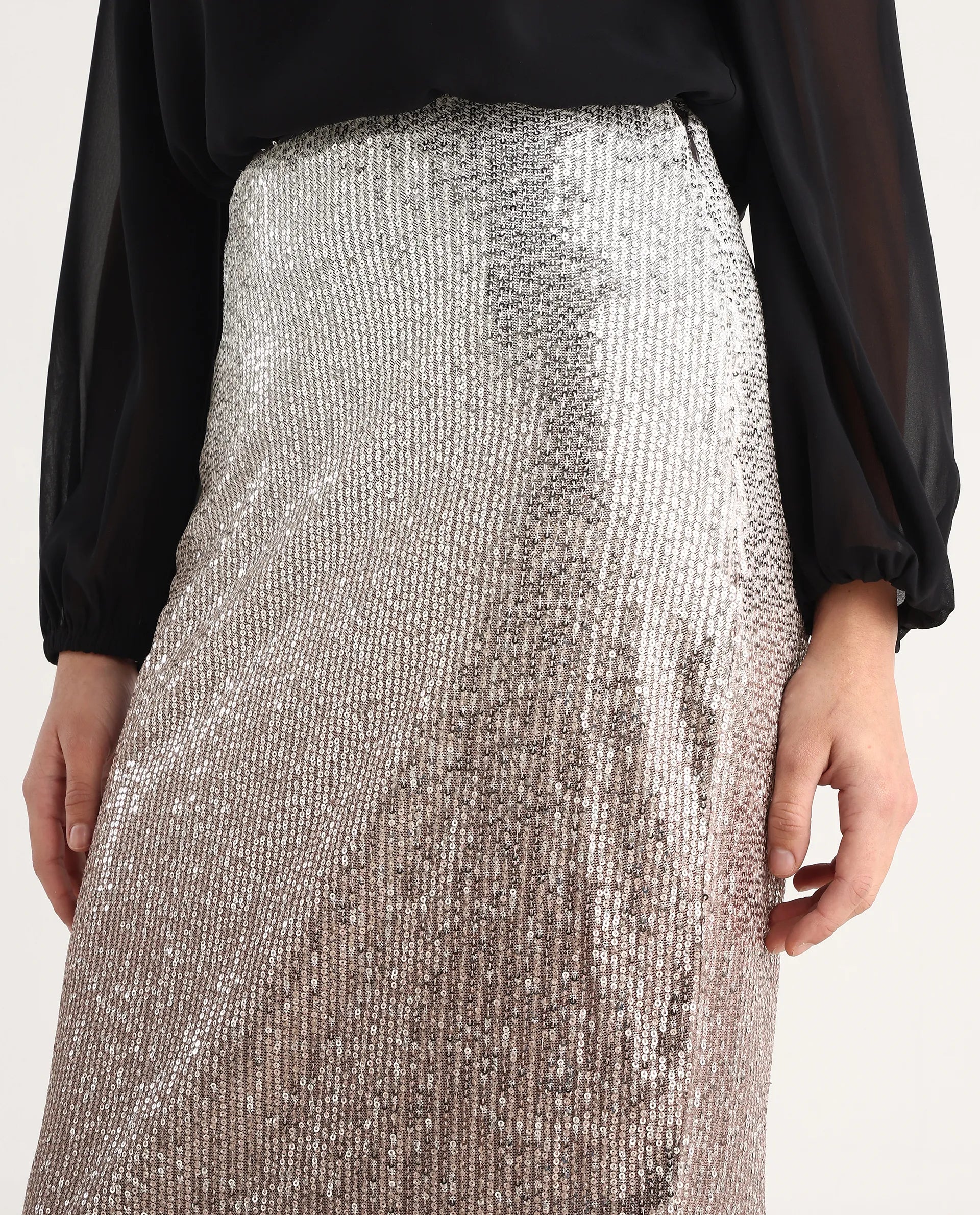 Rareism Women's Seoul Metallic Gold Plain Knee Length Fitted Skirt