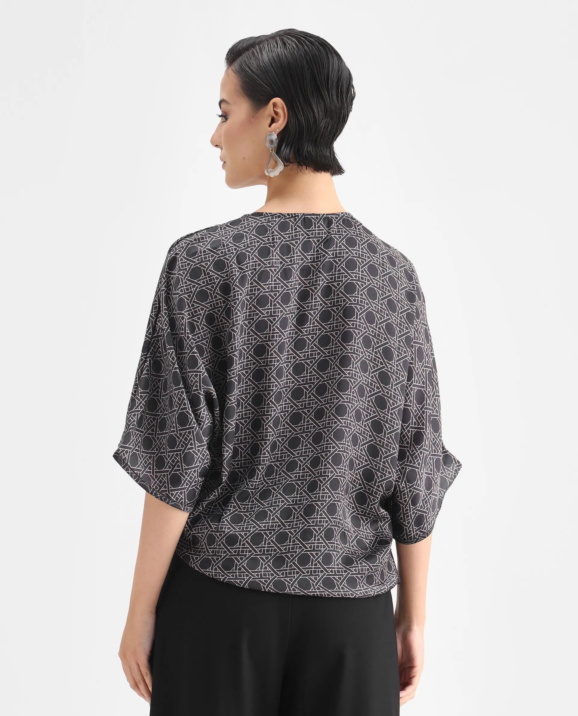 Rareism Women's Sepia Dark Black Polyester V-Neck Geometric Print Extended Sleeves Regular Fit Top