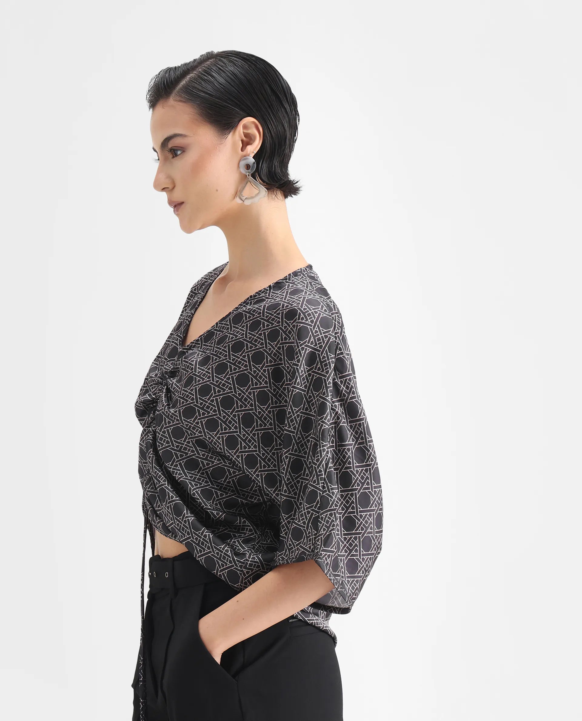 Rareism Women's Sepia Dark Black Polyester V-Neck Geometric Print Extended Sleeves Regular Fit Top