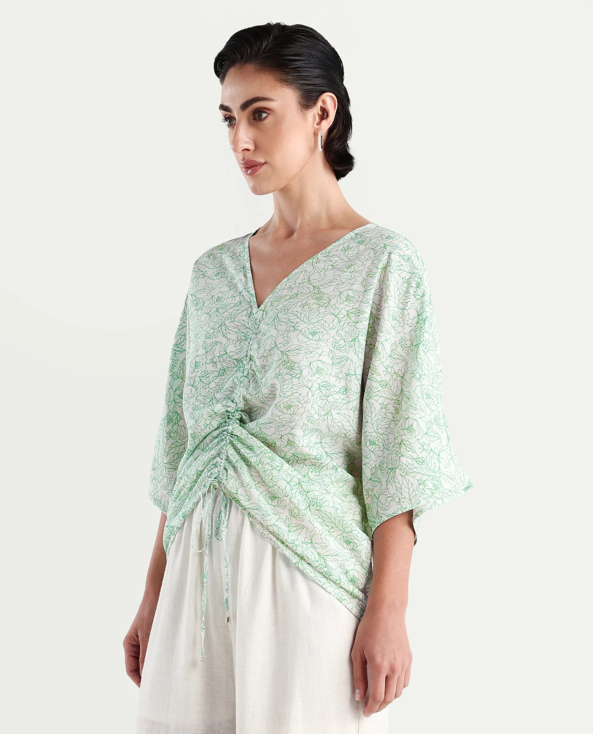 Rareism Women's Sepio-T Light Green Viscose V-Neck Floral Print Extended Sleeves Relaxed Fit Top