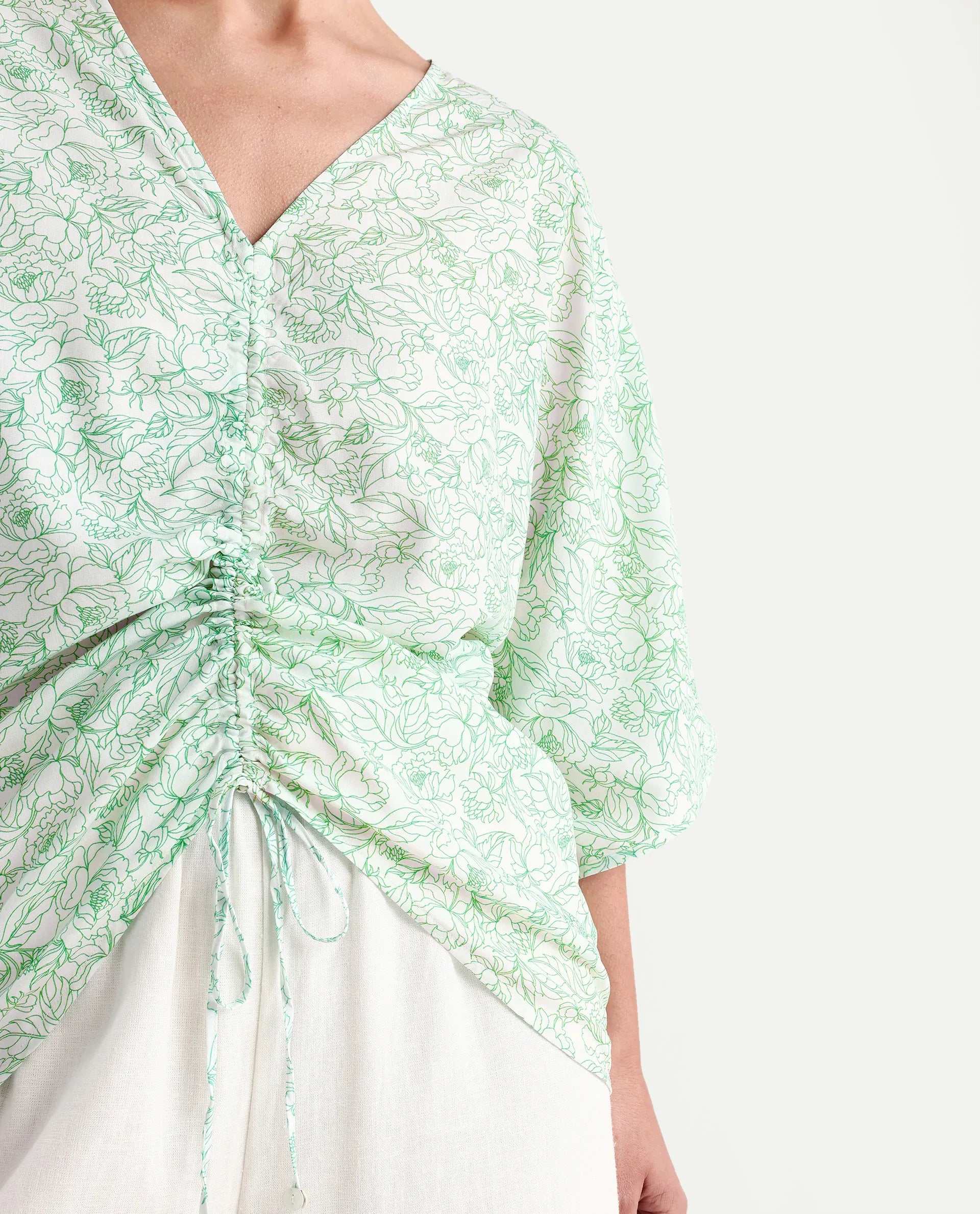 Rareism Women's Sepio-T Light Green Viscose V-Neck Floral Print Extended Sleeves Relaxed Fit Top