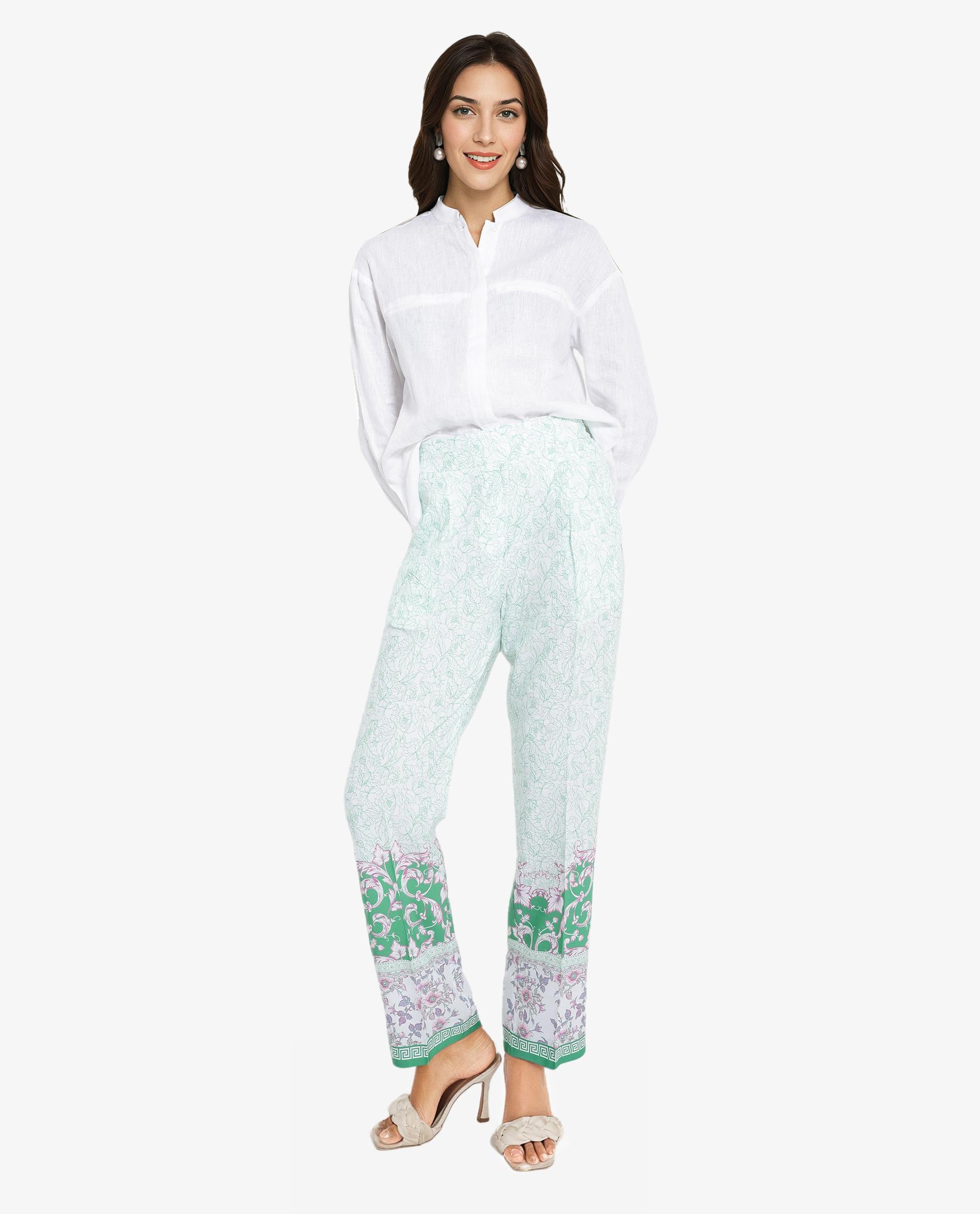 Rareism Women Sepio-B Light Green Tie Up Closure Straight Fit Ankle Length Abstract Print Trouser