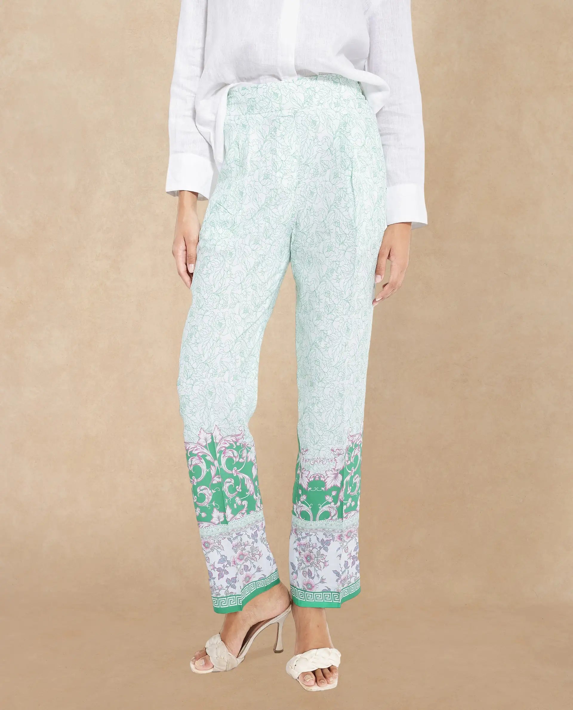 Rareism Women Sepio-B Light Green Tie Up Closure Straight Fit Ankle Length Abstract Print Trouser