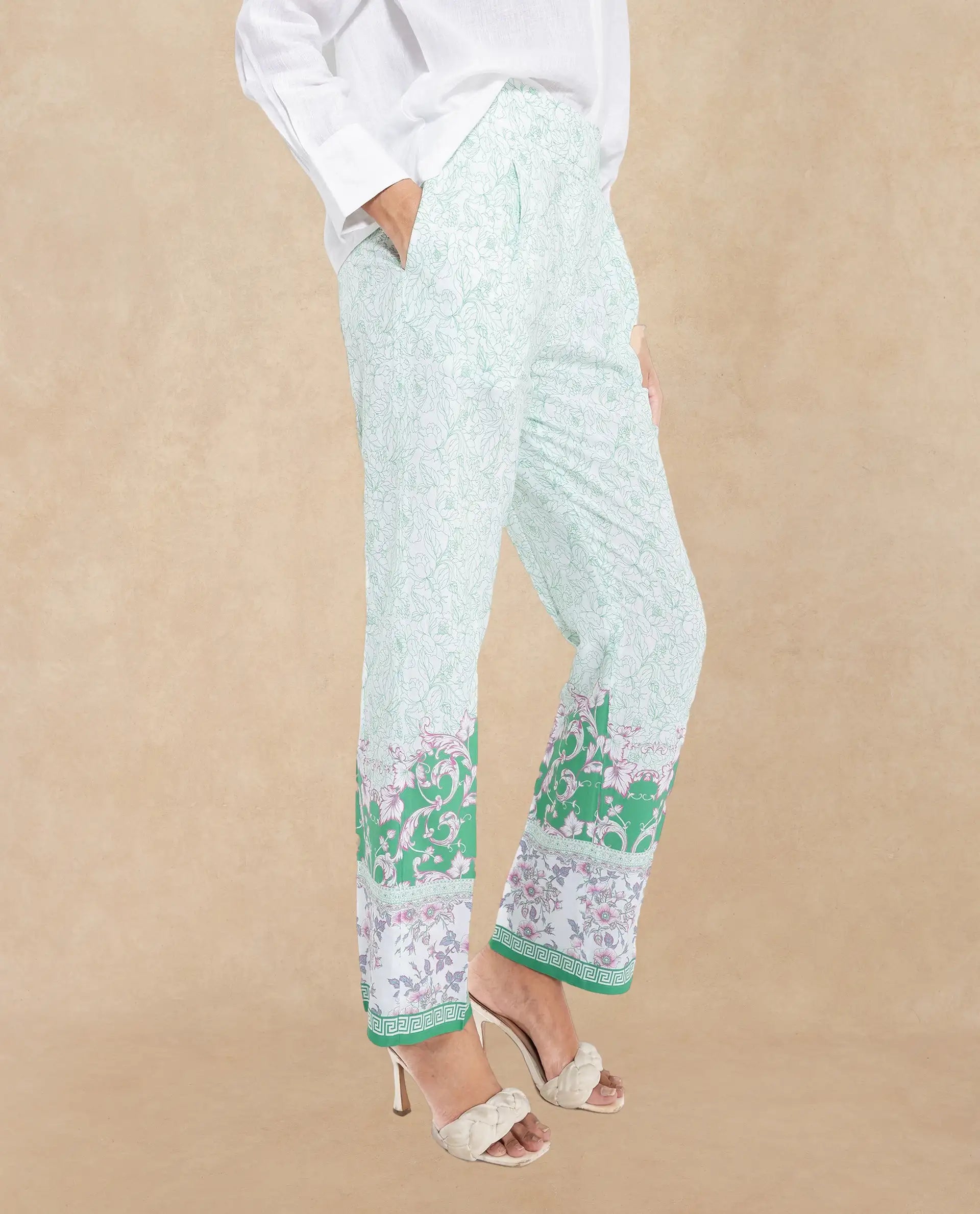 Rareism Women Sepio-B Light Green Tie Up Closure Straight Fit Ankle Length Abstract Print Trouser