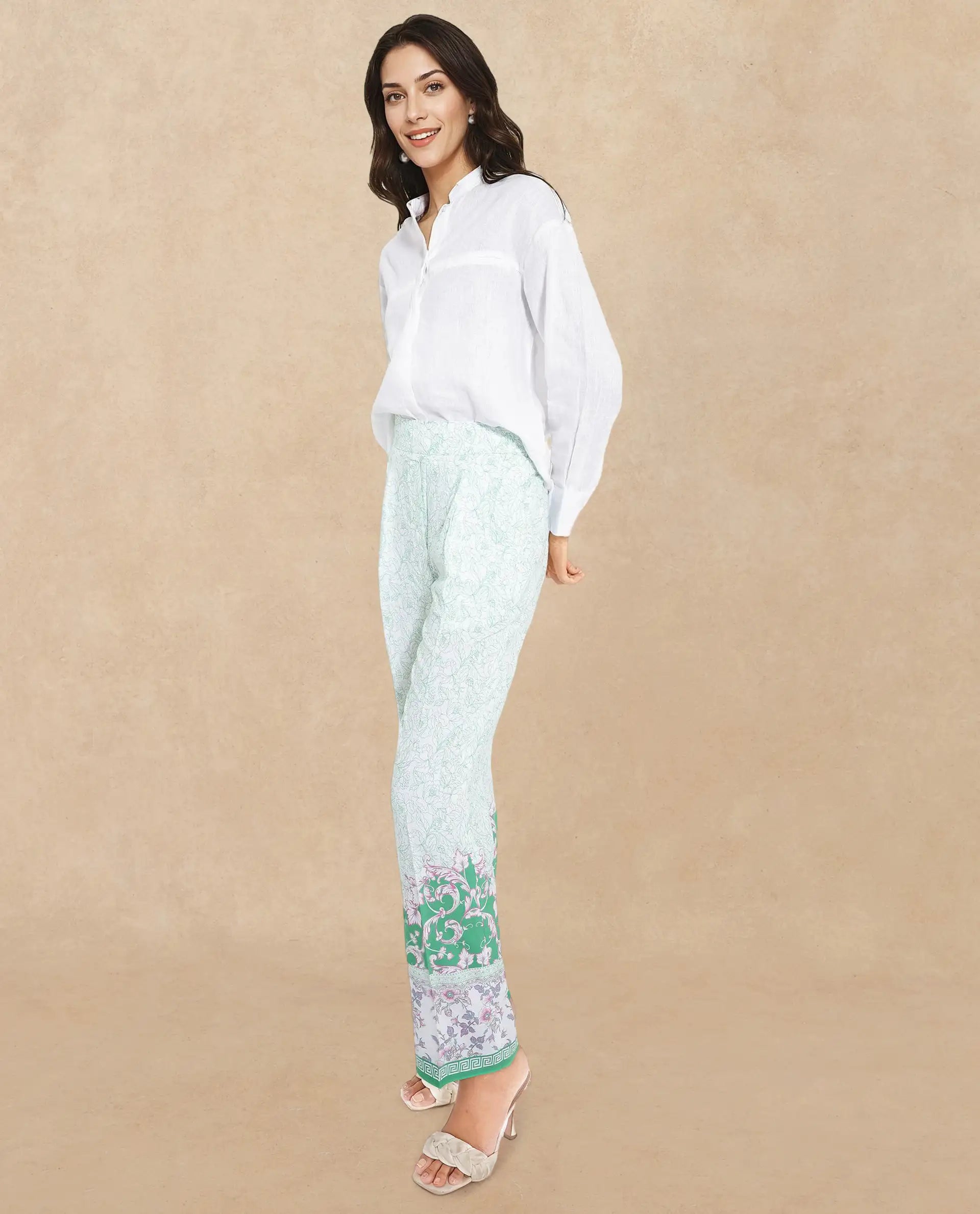 Rareism Women Sepio-B Light Green Tie Up Closure Straight Fit Ankle Length Abstract Print Trouser