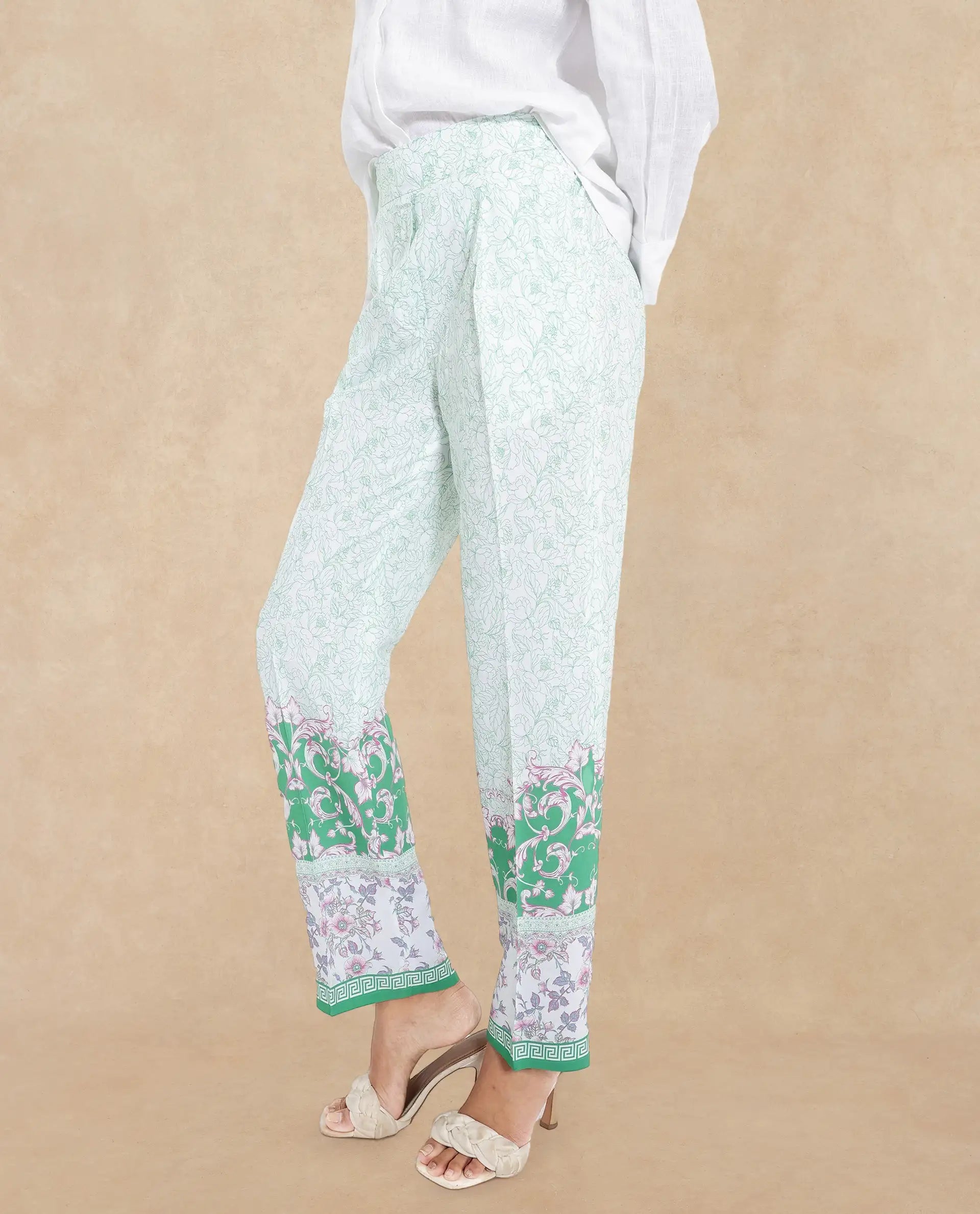 Rareism Women Sepio-B Light Green Tie Up Closure Straight Fit Ankle Length Abstract Print Trouser