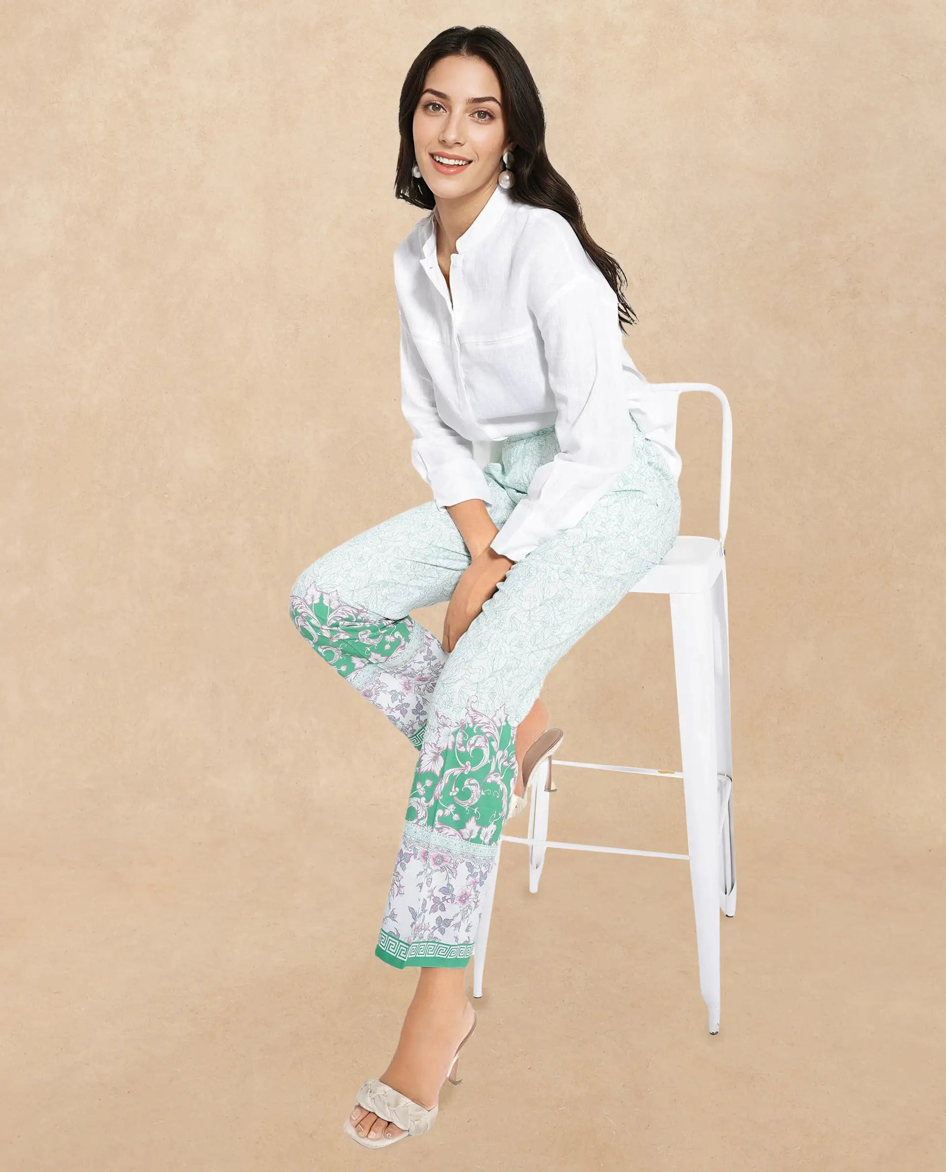 Rareism Women Sepio-B Light Green Tie Up Closure Straight Fit Ankle Length Abstract Print Trouser