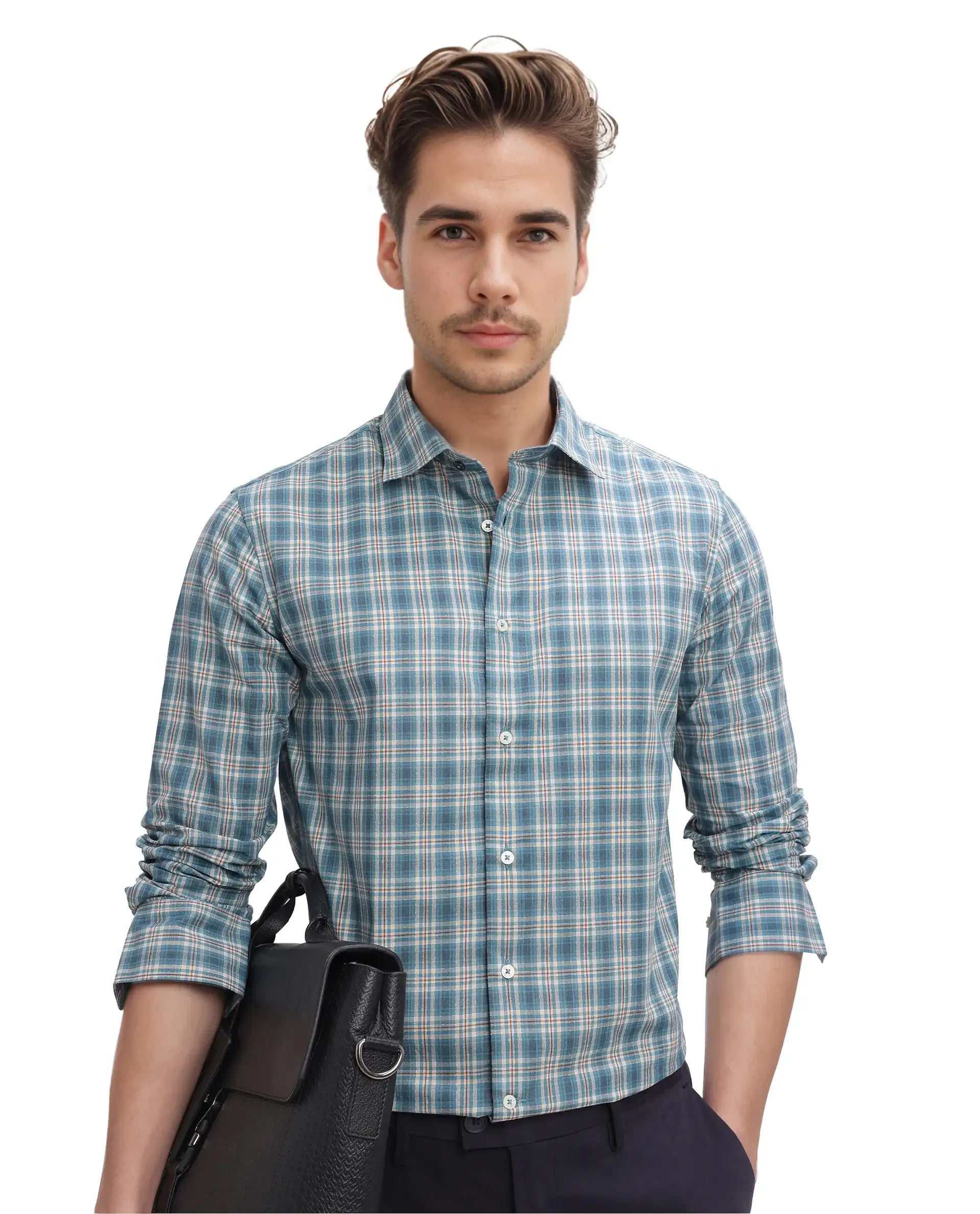 Rare Rabbit Men's Sept Turq Cotton Checked Print Regular Fit Full Sleeve Collared Shirt