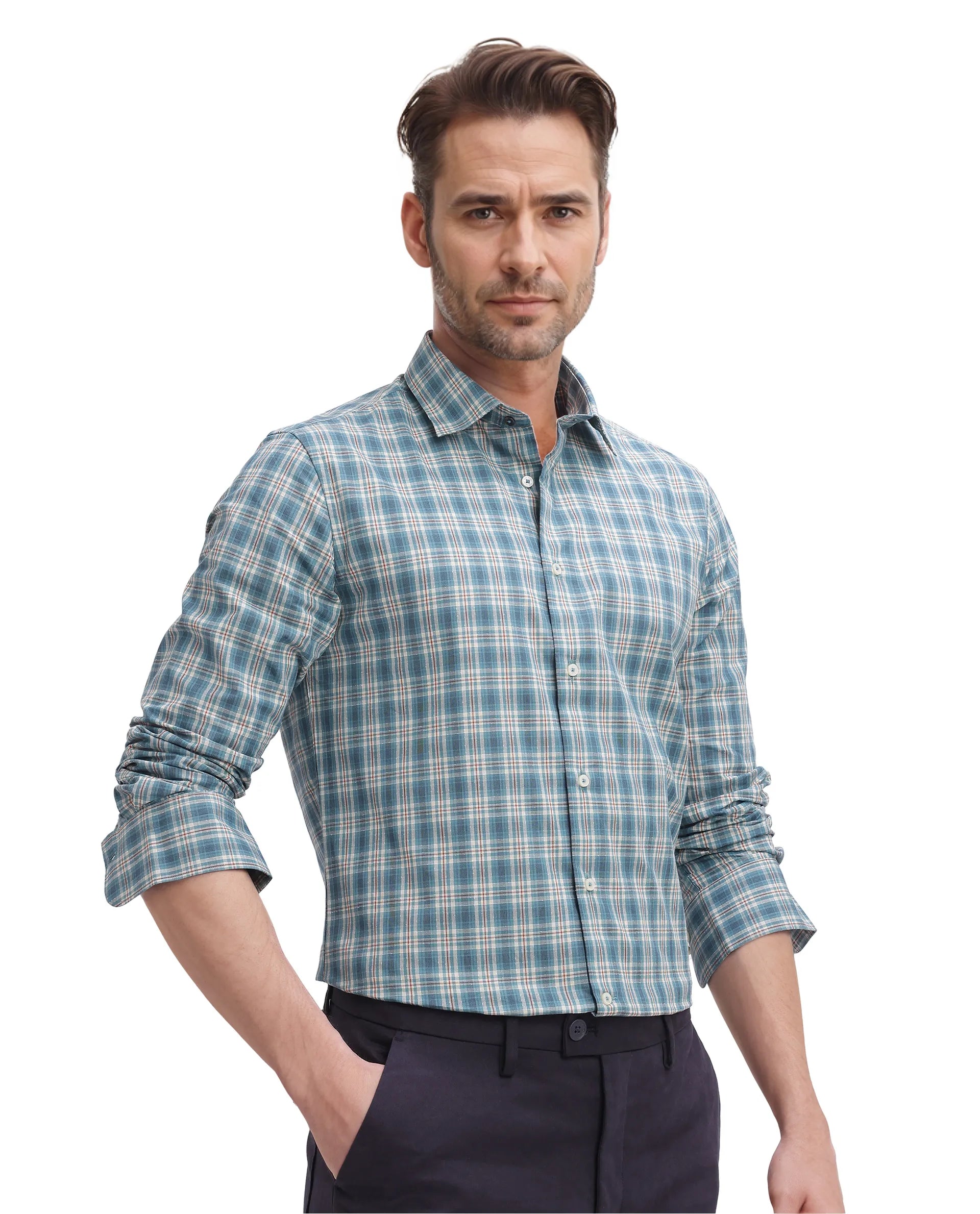 Rare Rabbit Men's Sept Turq Cotton Fabric Full Sleeve Regular Fit Checks Shirt