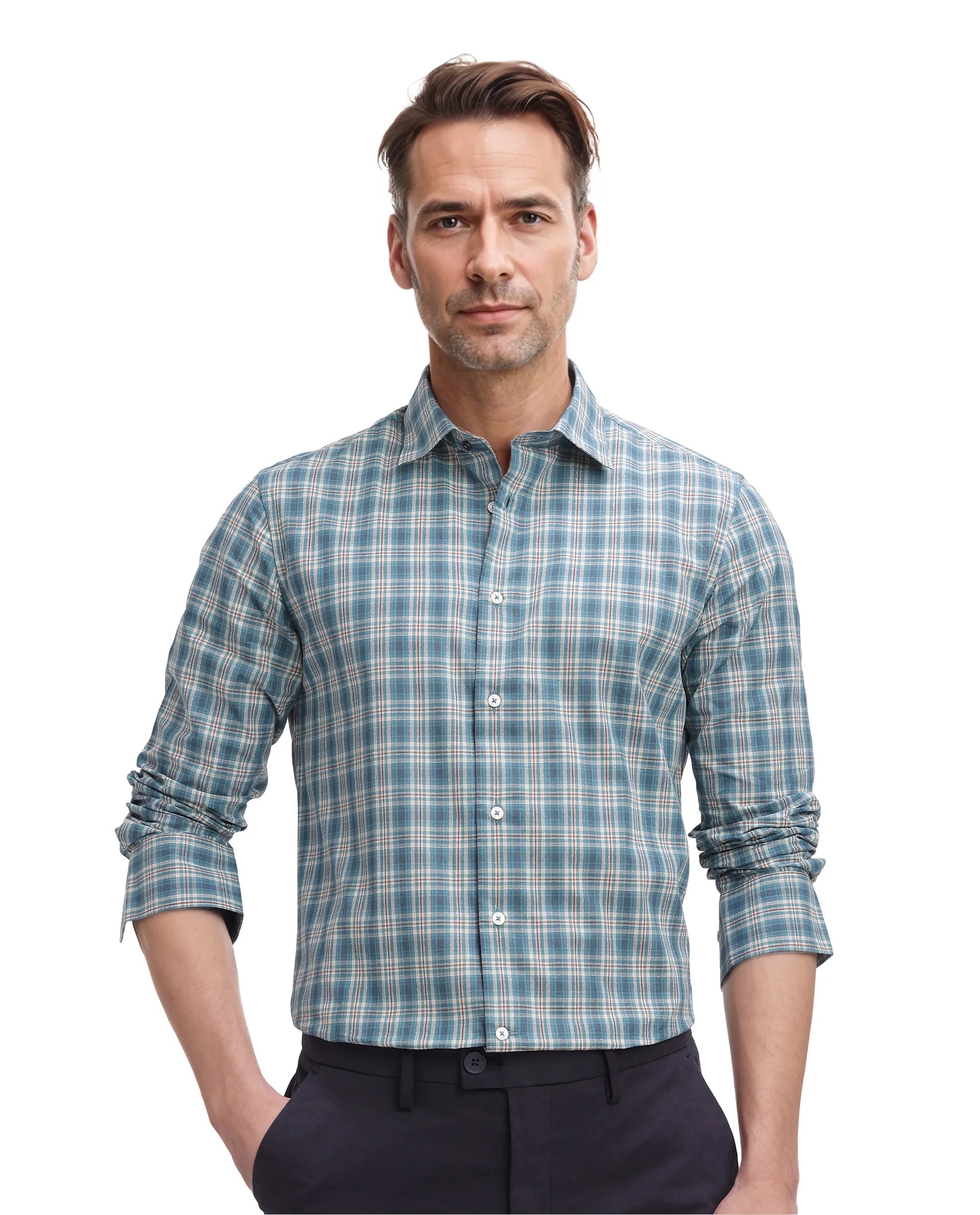 Rare Rabbit Men's Sept Turq Cotton Fabric Full Sleeve Regular Fit Checks Shirt