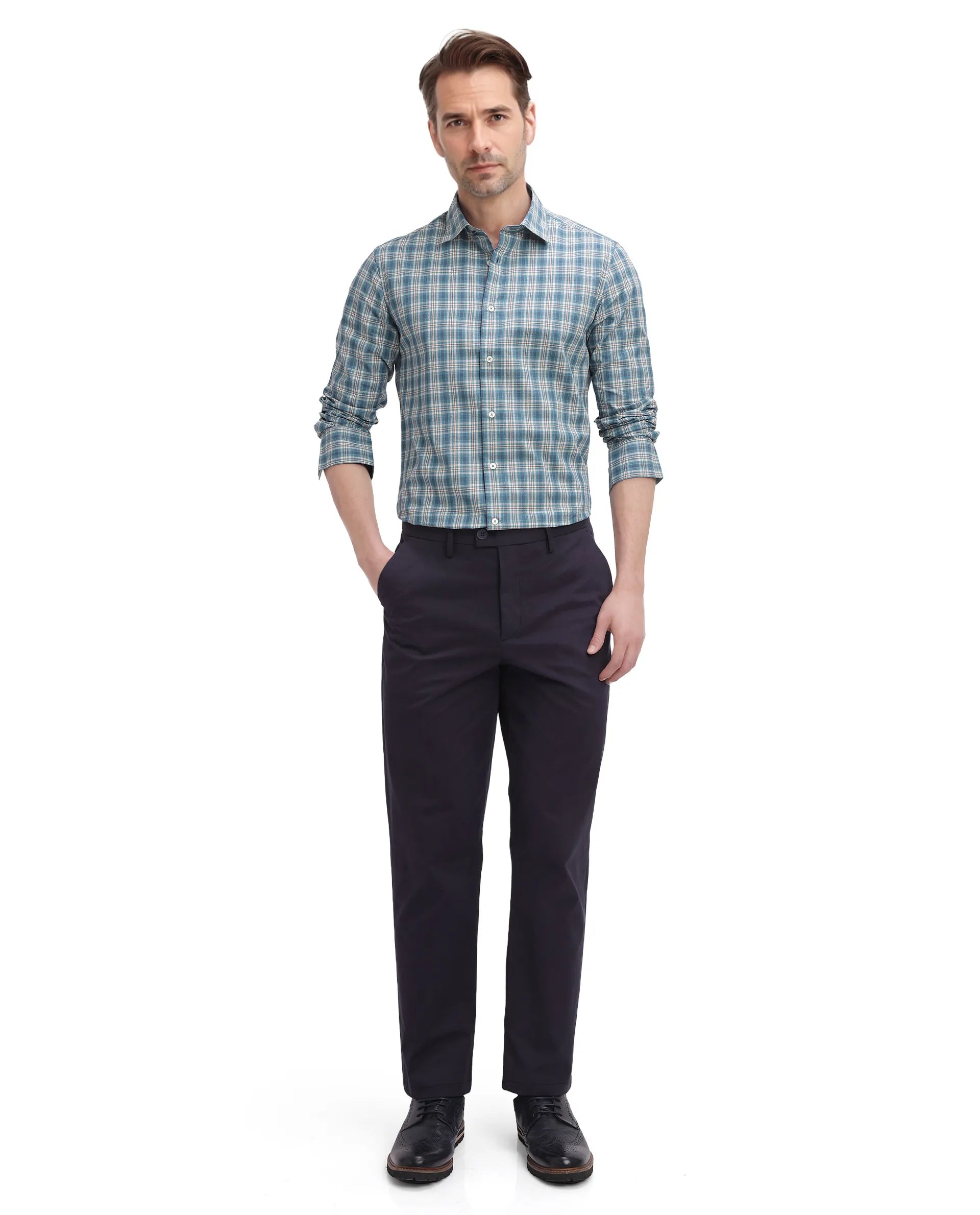 Rare Rabbit Men's Sept Turq Cotton Fabric Full Sleeve Regular Fit Checks Shirt