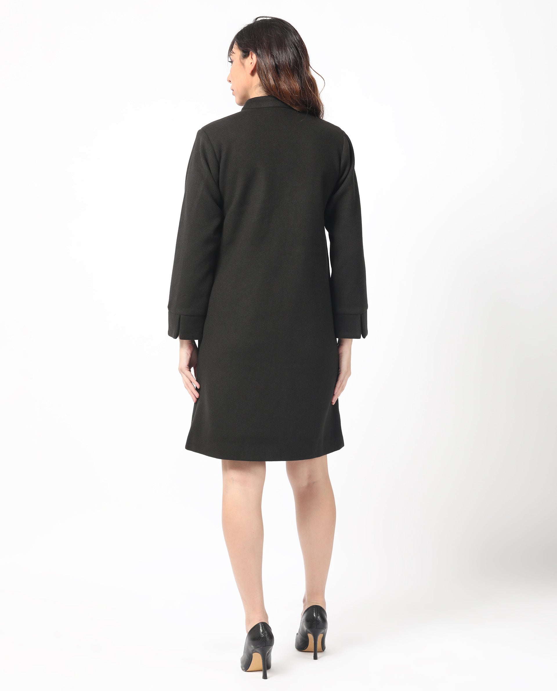 Rareism Women Sera Black Polyester Fabric Full Sleeves Solid High Neck Jacket