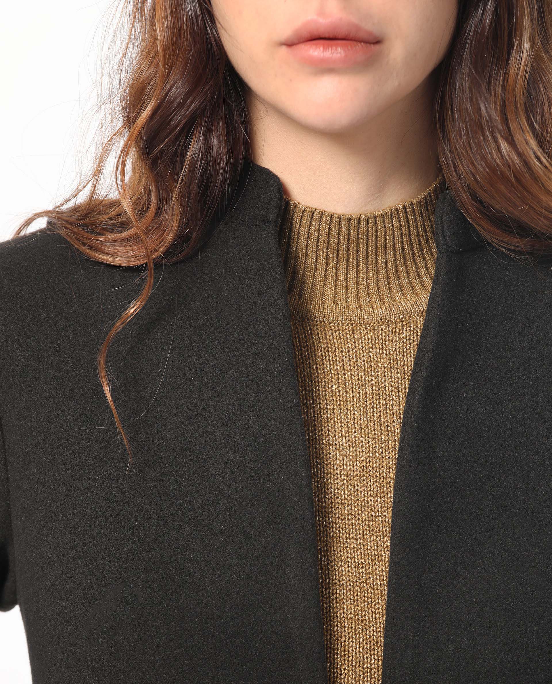 Rareism Women Sera Black Polyester Fabric Full Sleeves Solid High Neck Jacket
