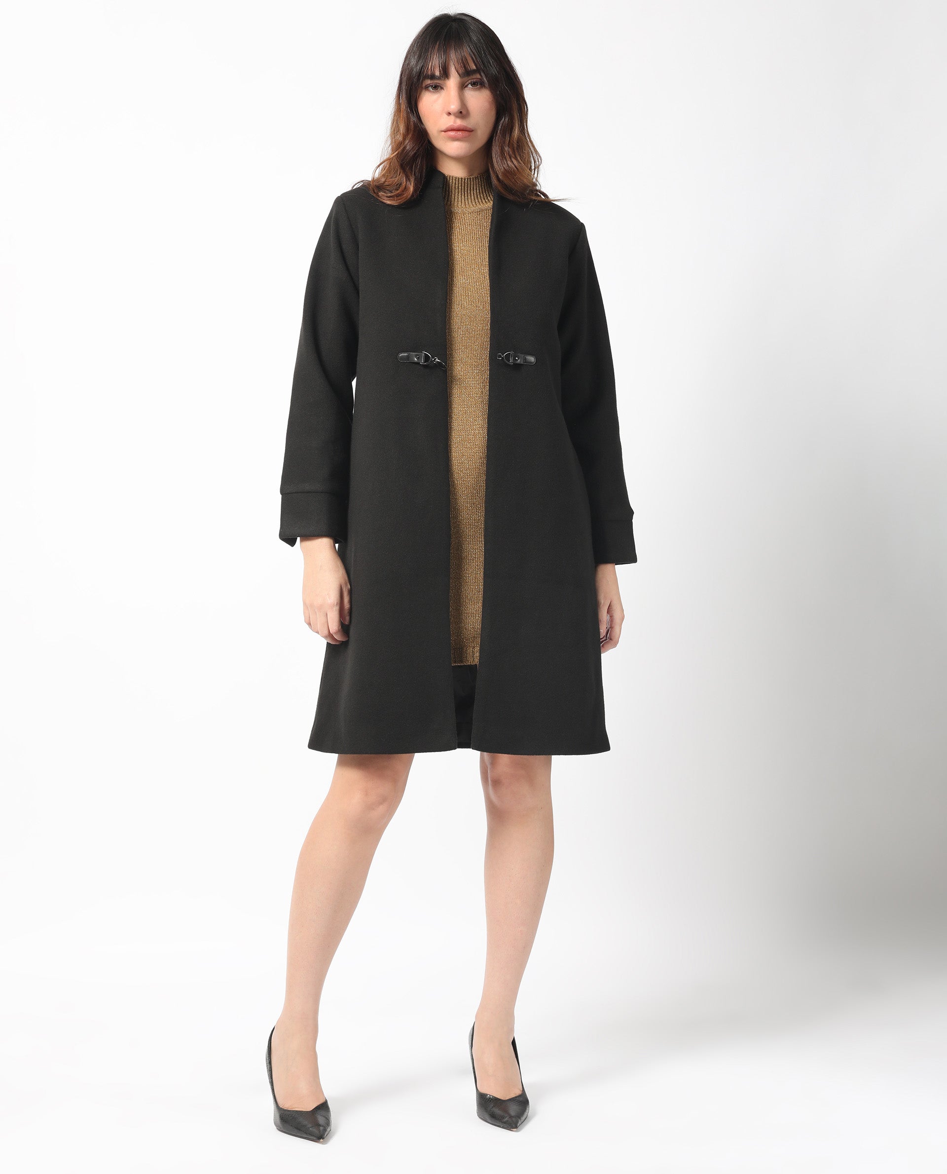 Rareism Women Sera Black Polyester Fabric Full Sleeves Solid High Neck Jacket