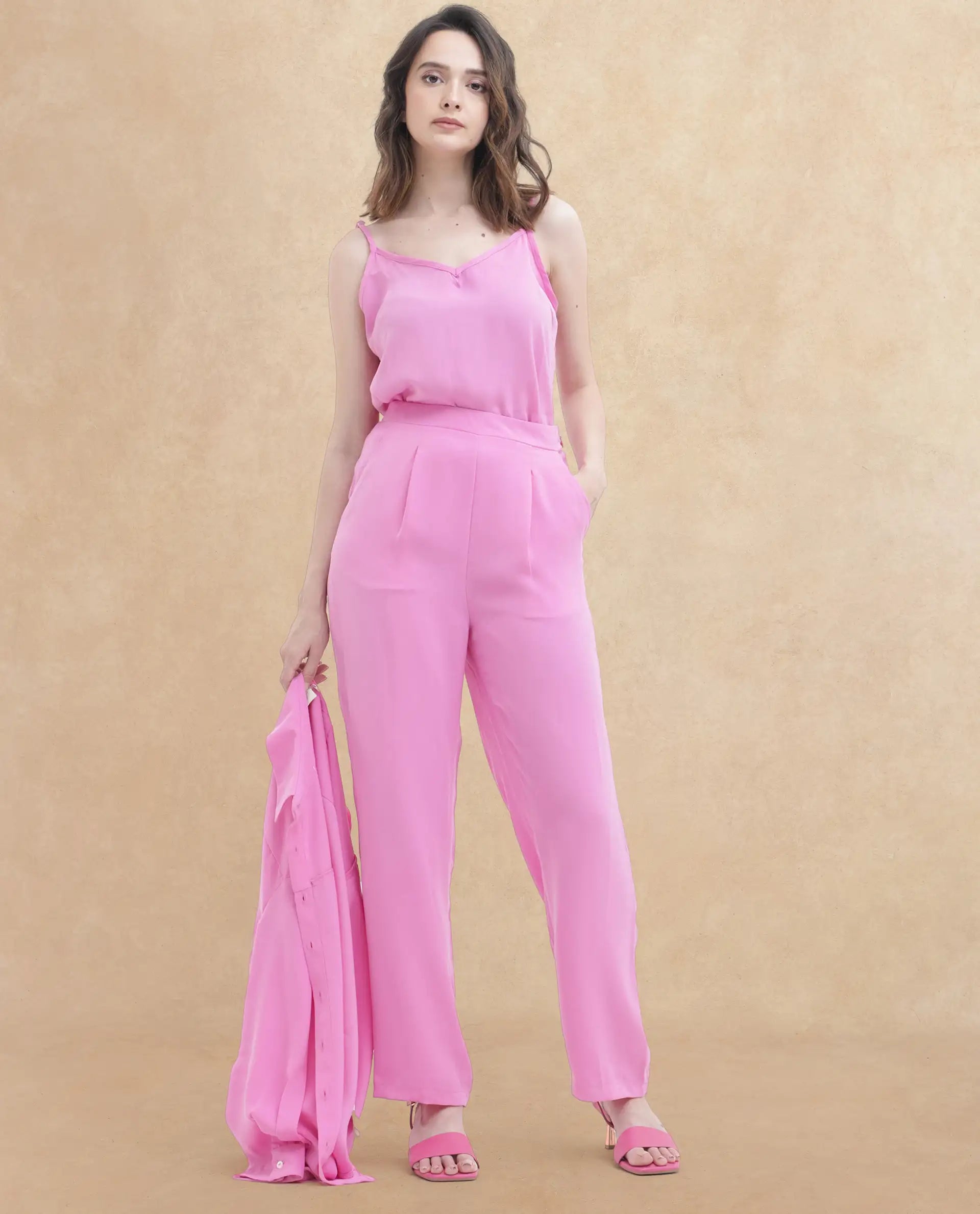 Rareism Women Serbay Pink Polyester Fabric Straight Fit Plain Ankle Length Trousers