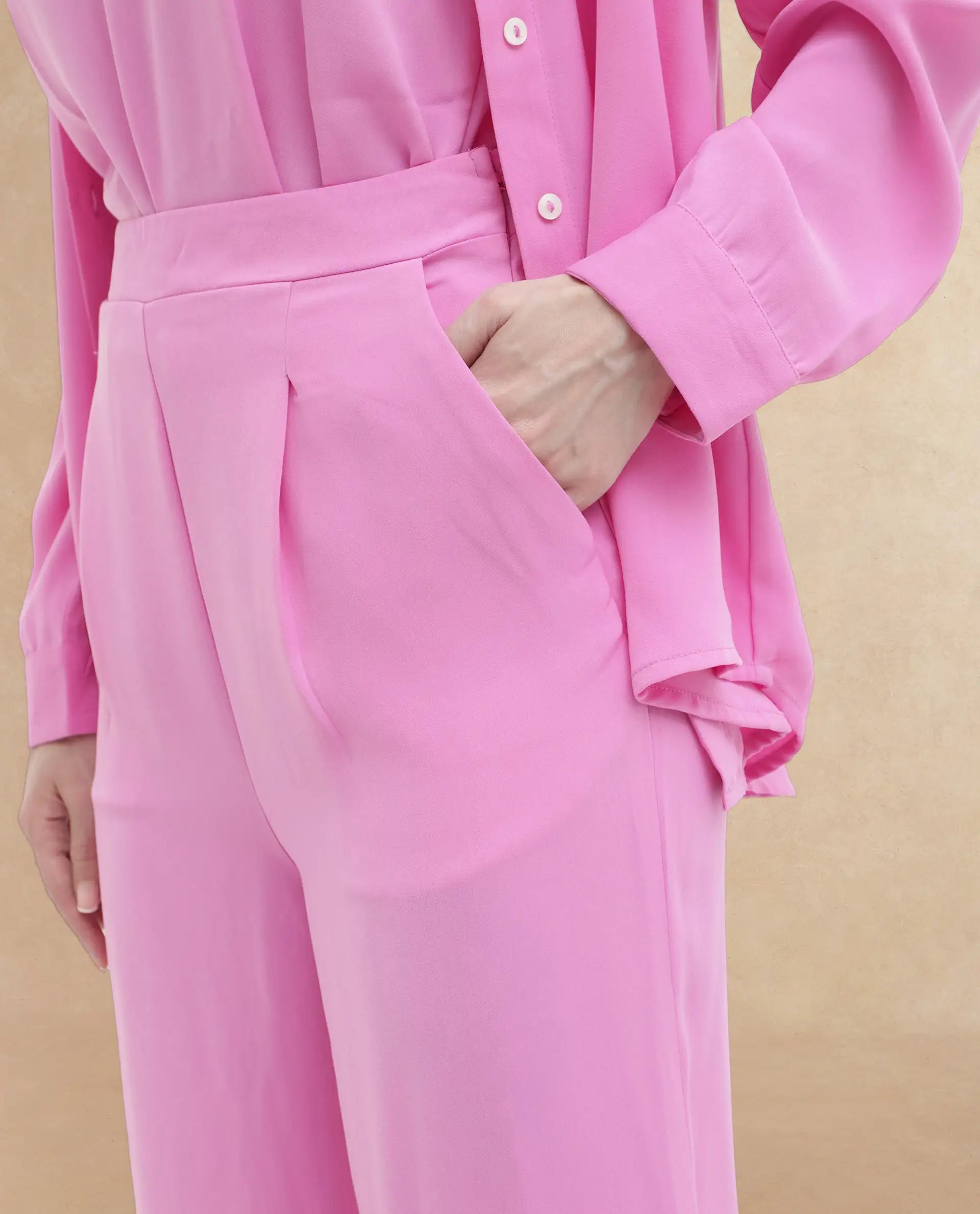 Rareism Women Serbay Pink Polyester Fabric Straight Fit Plain Ankle Length Trousers