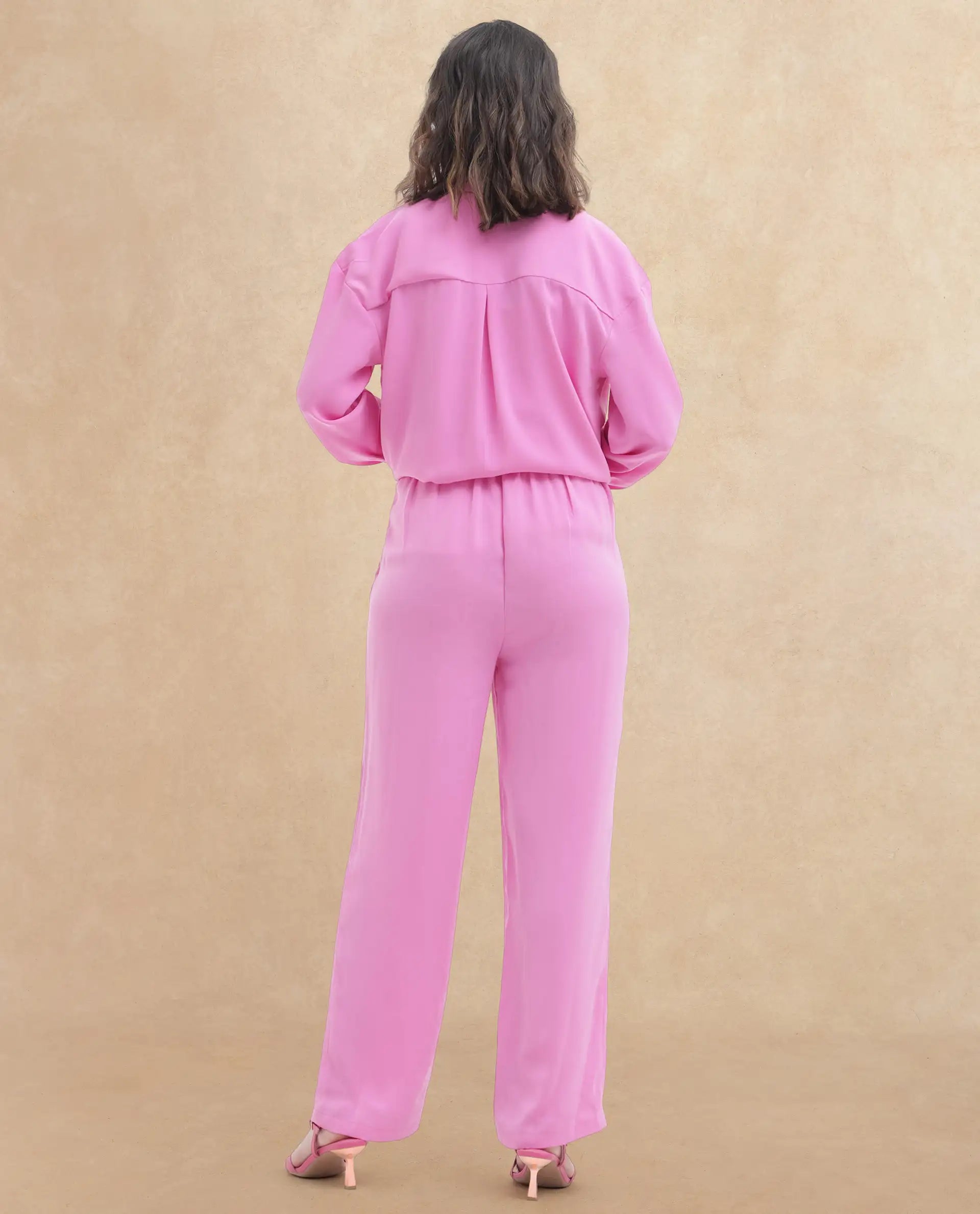Rareism Women Serbay Pink Polyester Fabric Straight Fit Plain Ankle Length Trousers