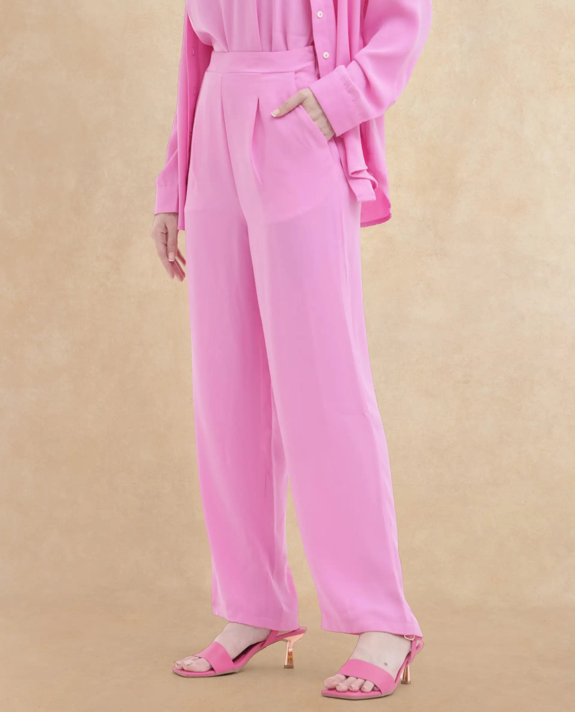 Rareism Women Serbay Pink Polyester Fabric Straight Fit Plain Ankle Length Trousers