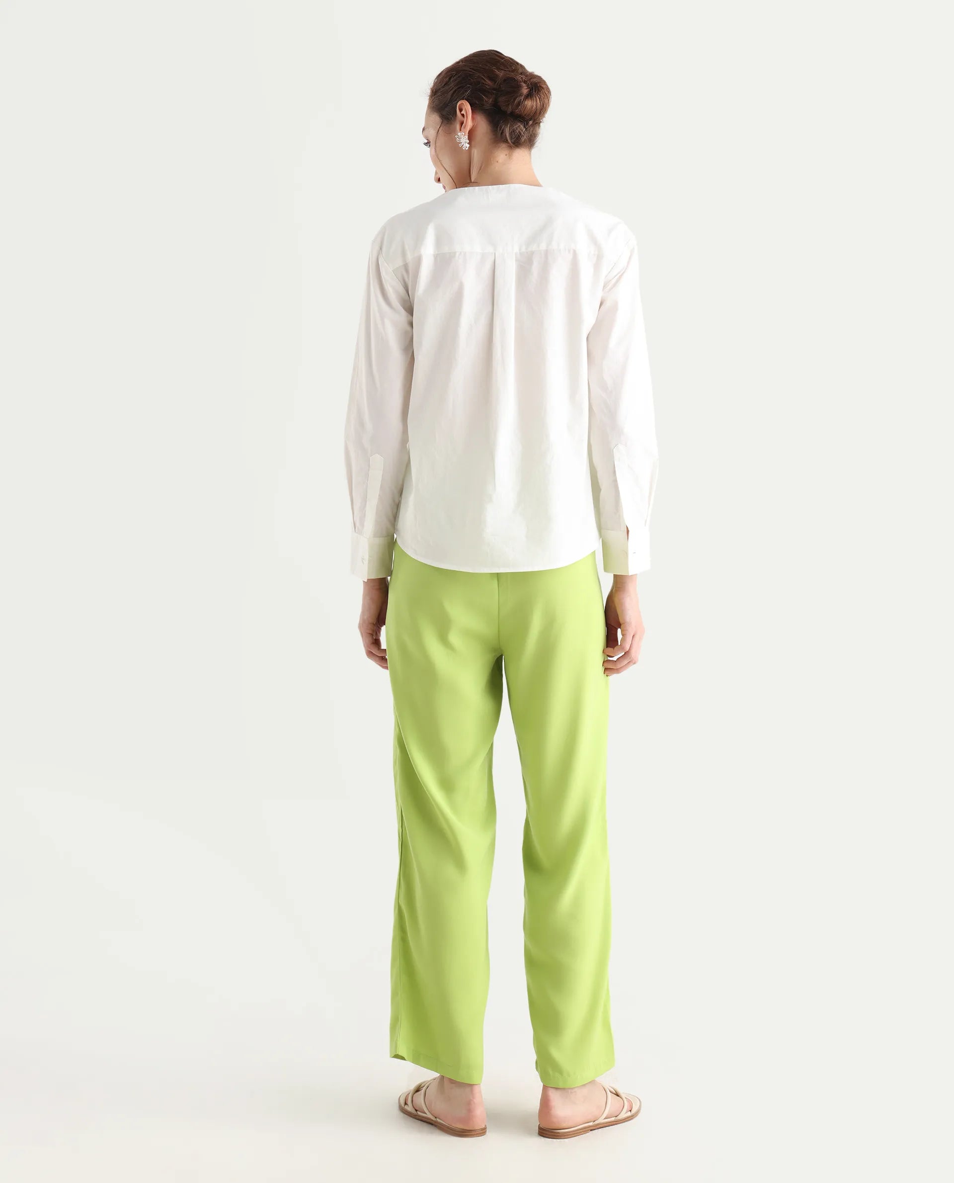 Rareism Women's Serbay-B Green Polyester Plain Ankle Length Straight Fit Trouser