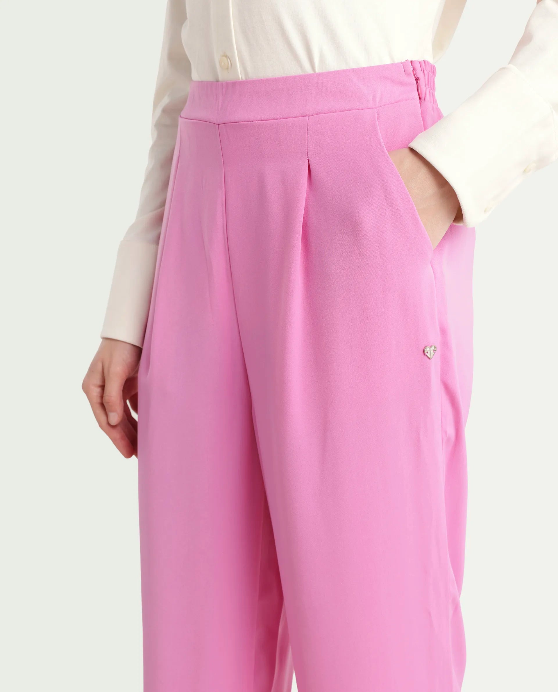 Rareism Women's Serbay-B Pink Polyester Plain Ankle Length Straight Fit Trouser