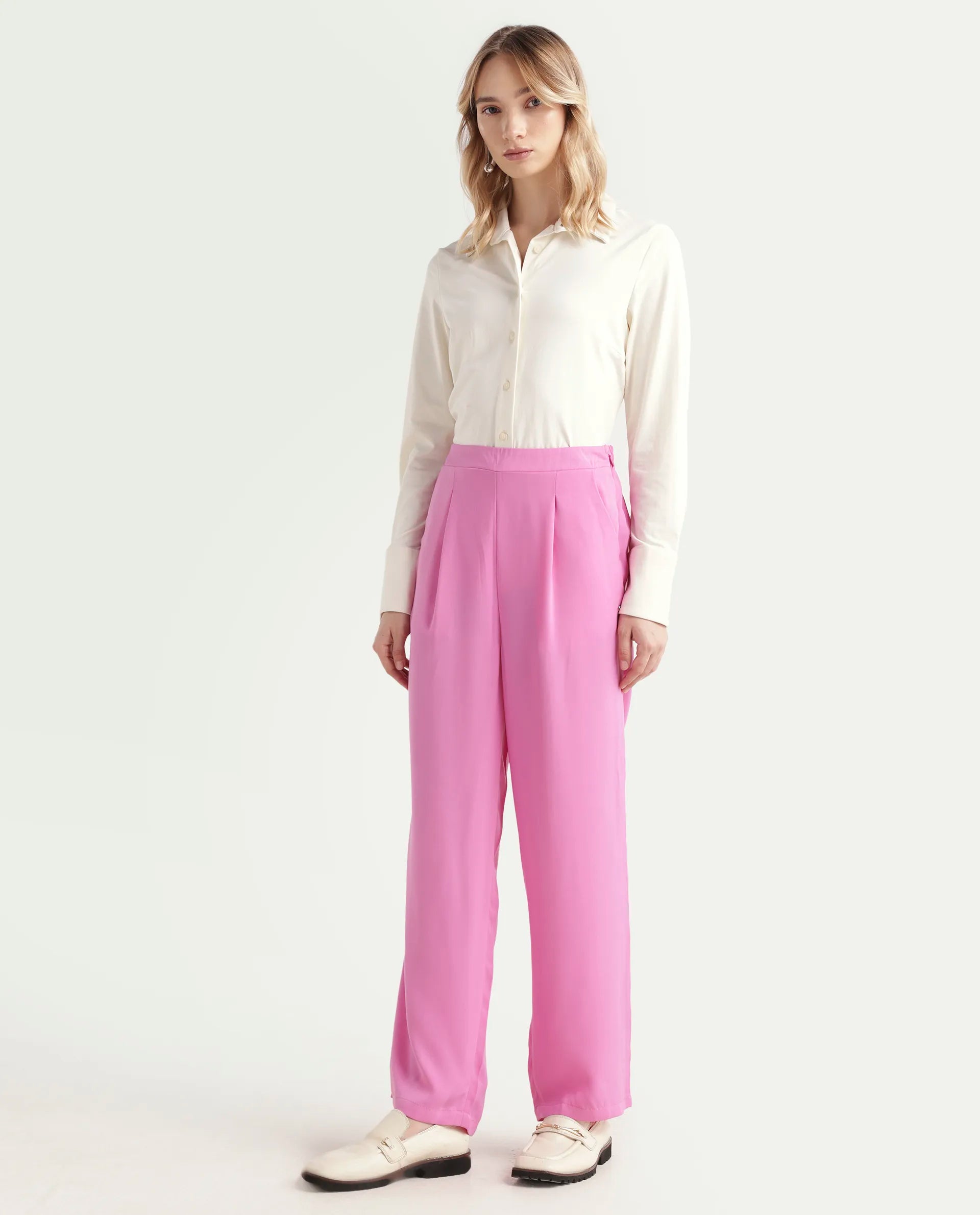 Rareism Women's Serbay-B Pink Polyester Plain Ankle Length Straight Fit Trouser