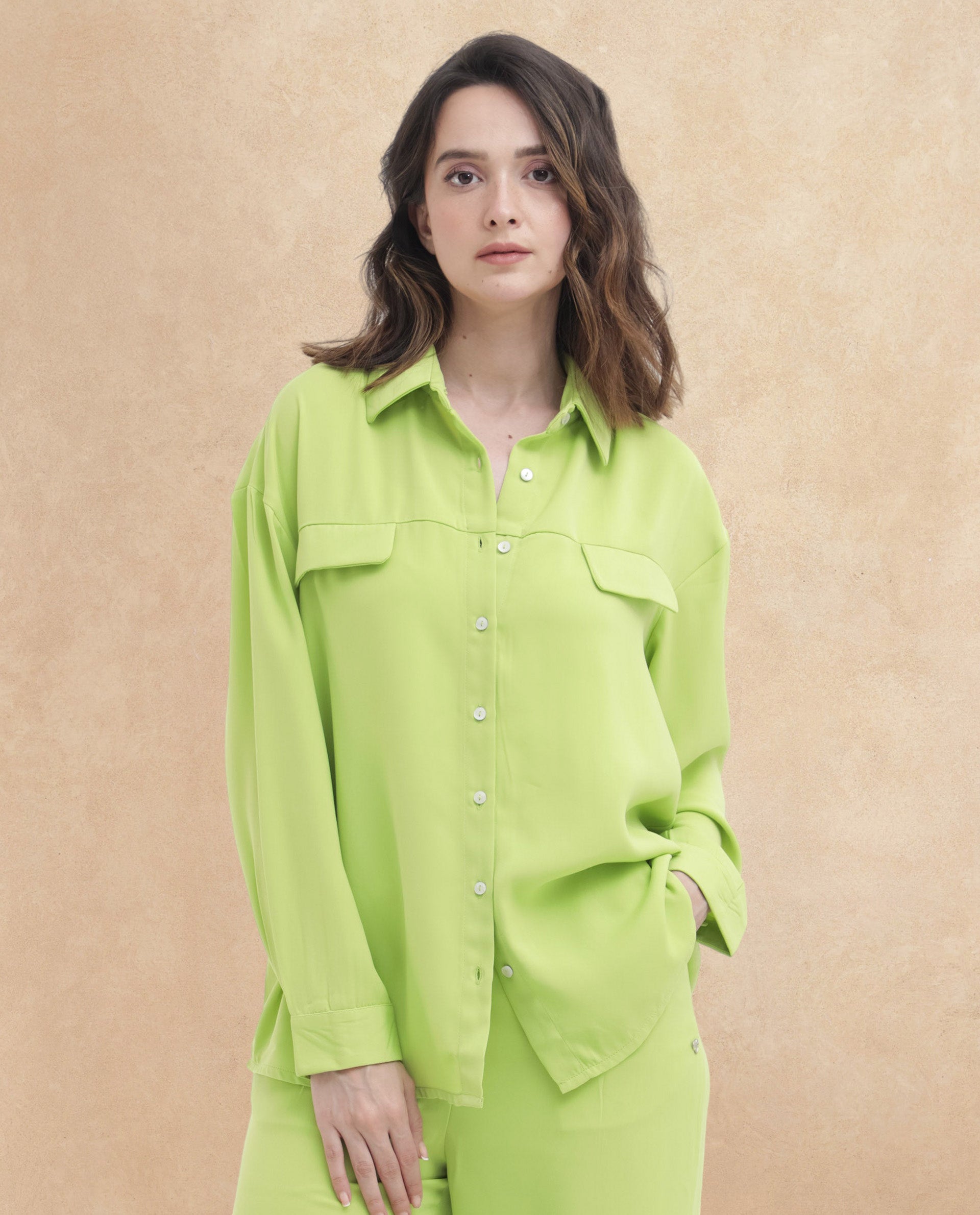 Rareism Women Sergey Green Polyester Fabric Full Sleeves Button Closure Collared Neck Cuffed Sleeve Regular Fit Plain Shirt