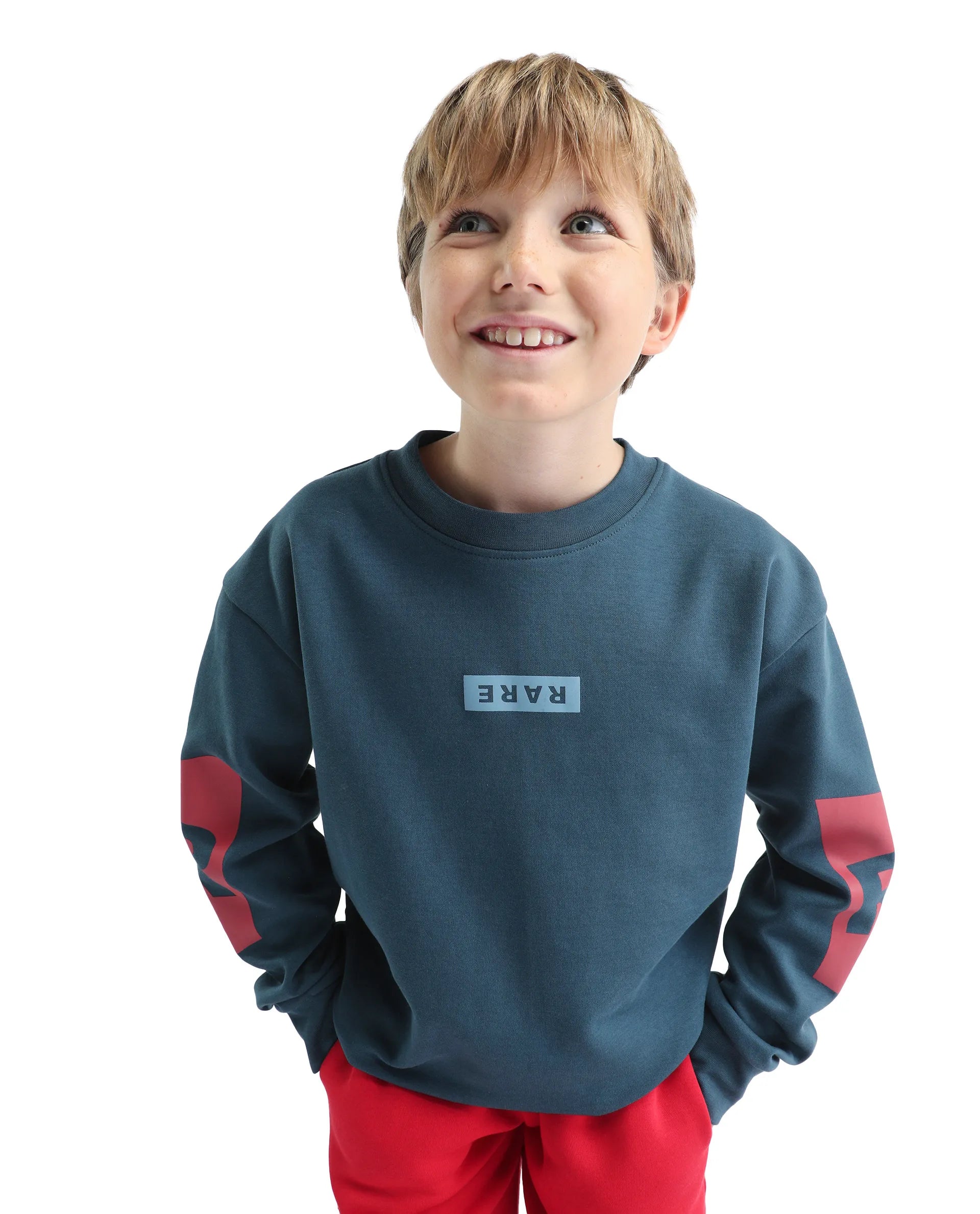 Rare Ones Kids Seron-25 Dark Teal Cotton Blend Pull-On Closure Placement Print Full Sleeves Oversized Sweatshirt