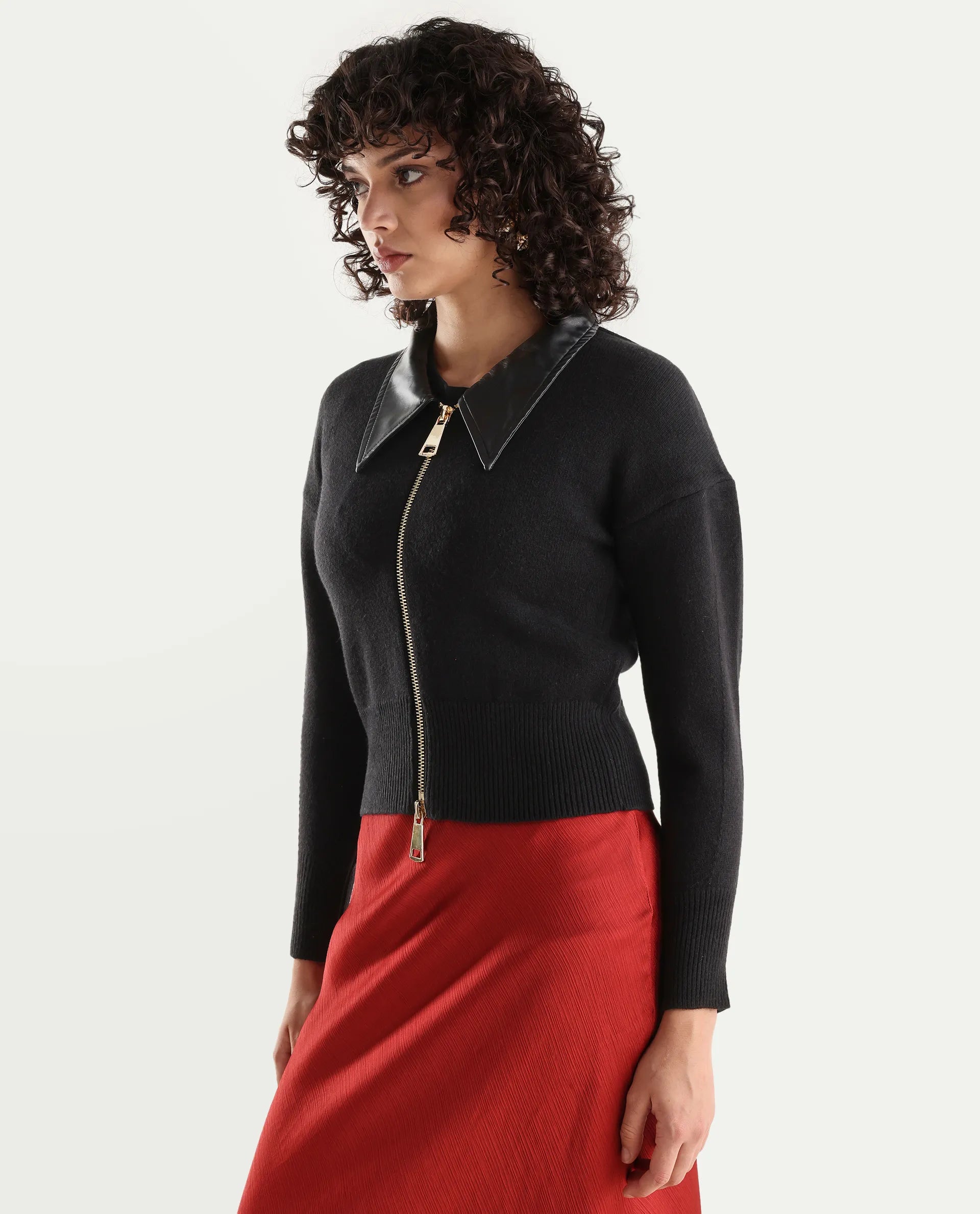 Rareism Women's Serpen Black High Neck Plain Relaxed Fit Jacket