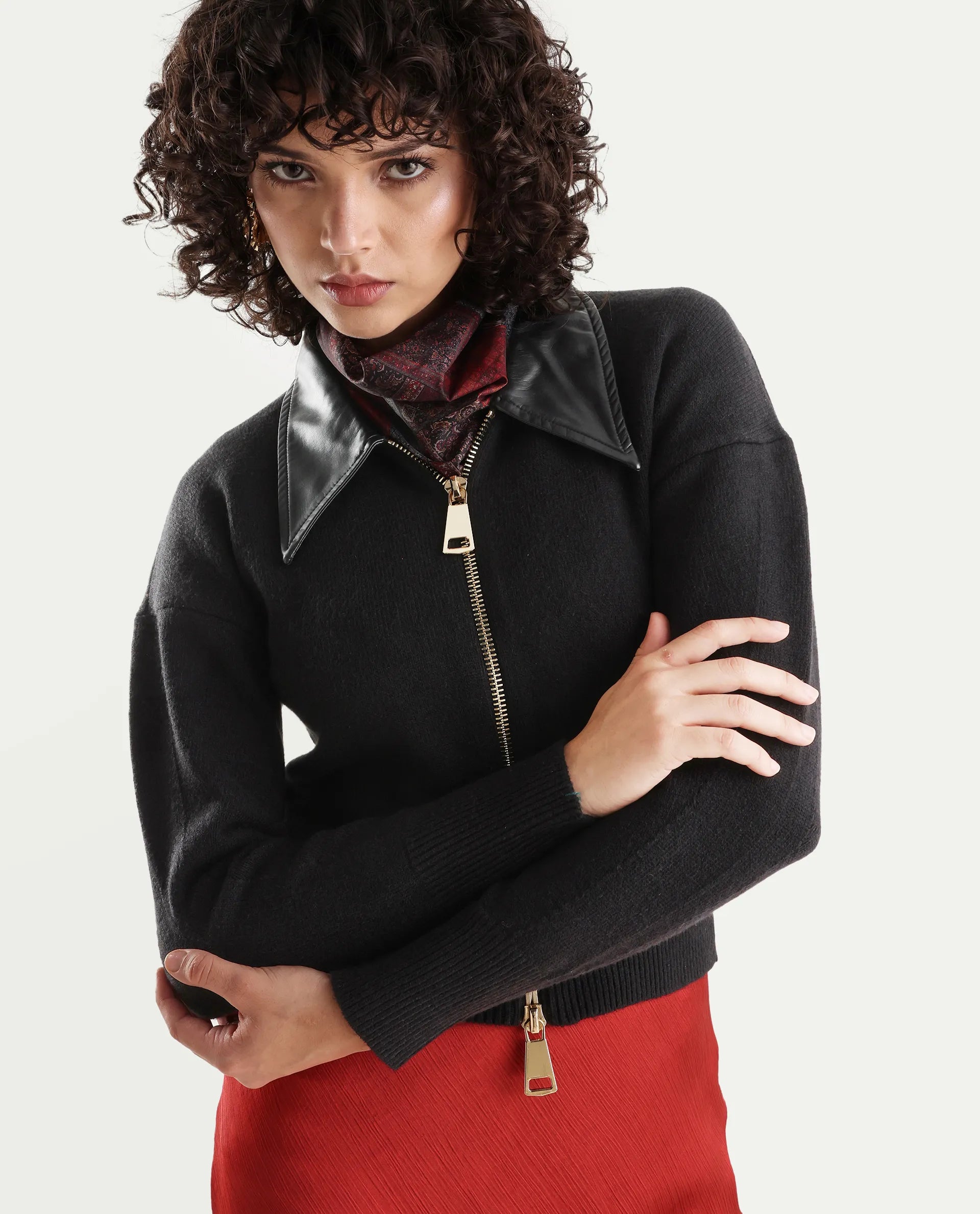 Rareism Women's Serpen Black High Neck Plain Relaxed Fit Jacket