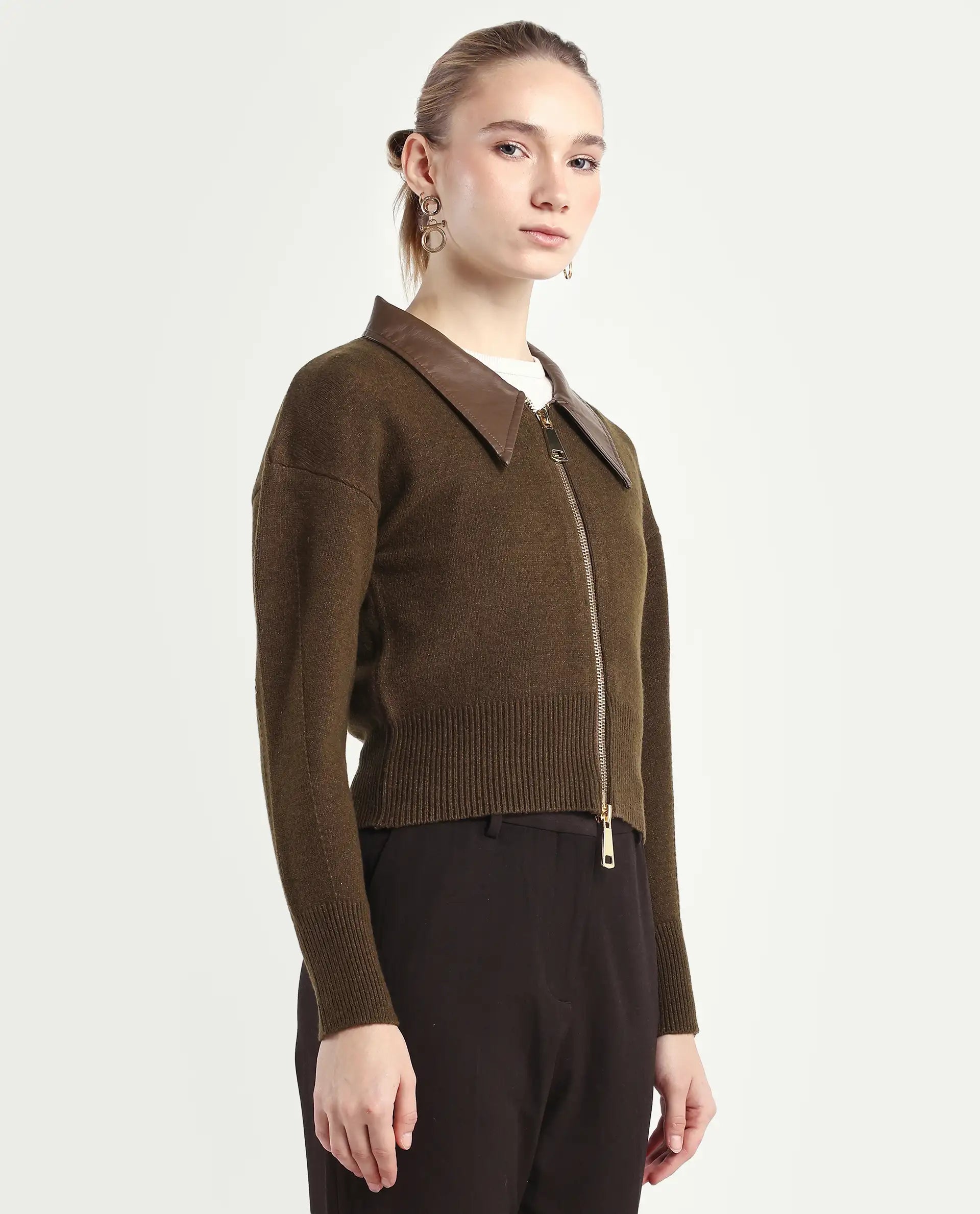 Rareism Women's Serpen Brown Drop Collar Plain Relaxed Fit Jacket