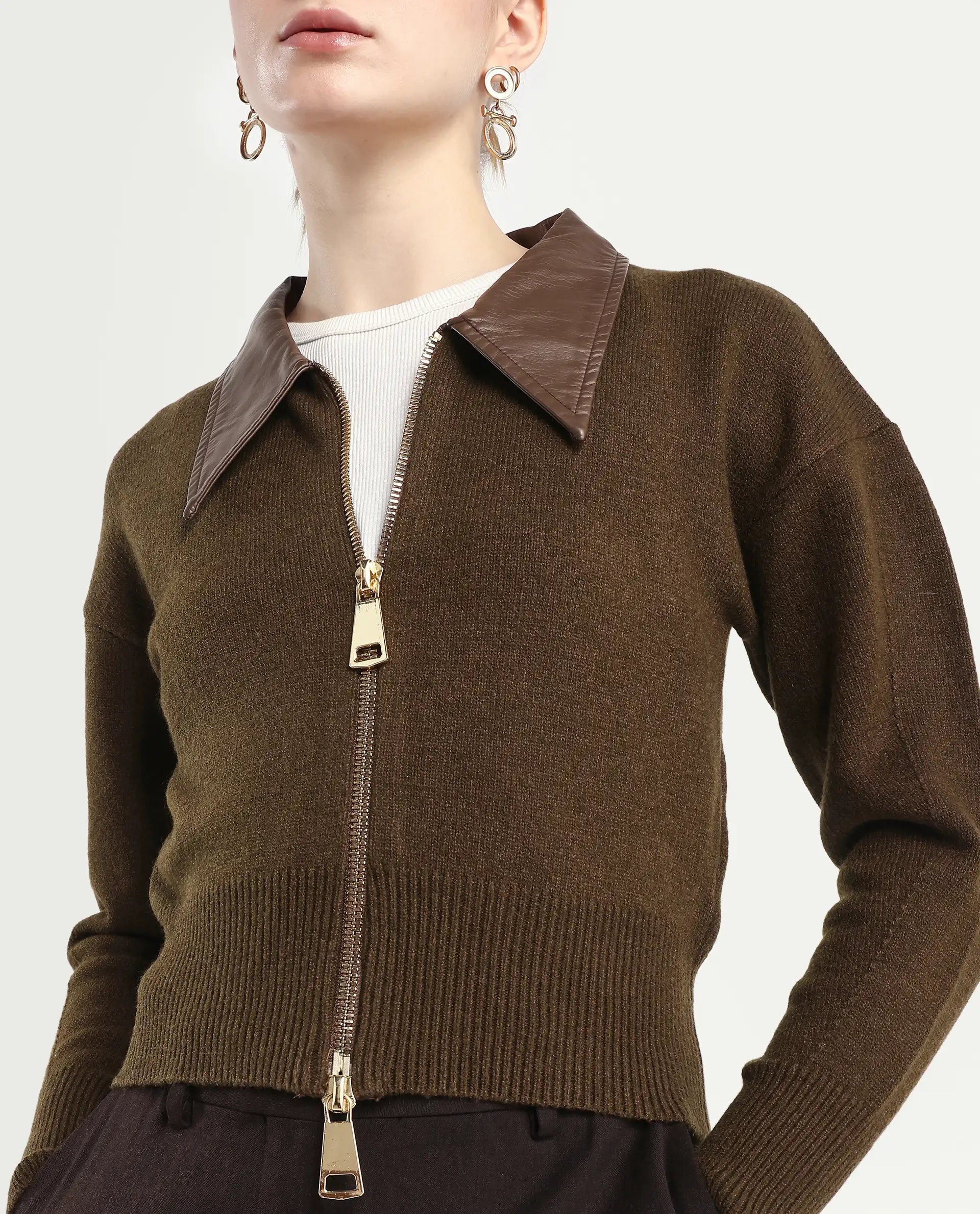 Rareism Women's Serpen Brown Drop Collar Plain Relaxed Fit Jacket