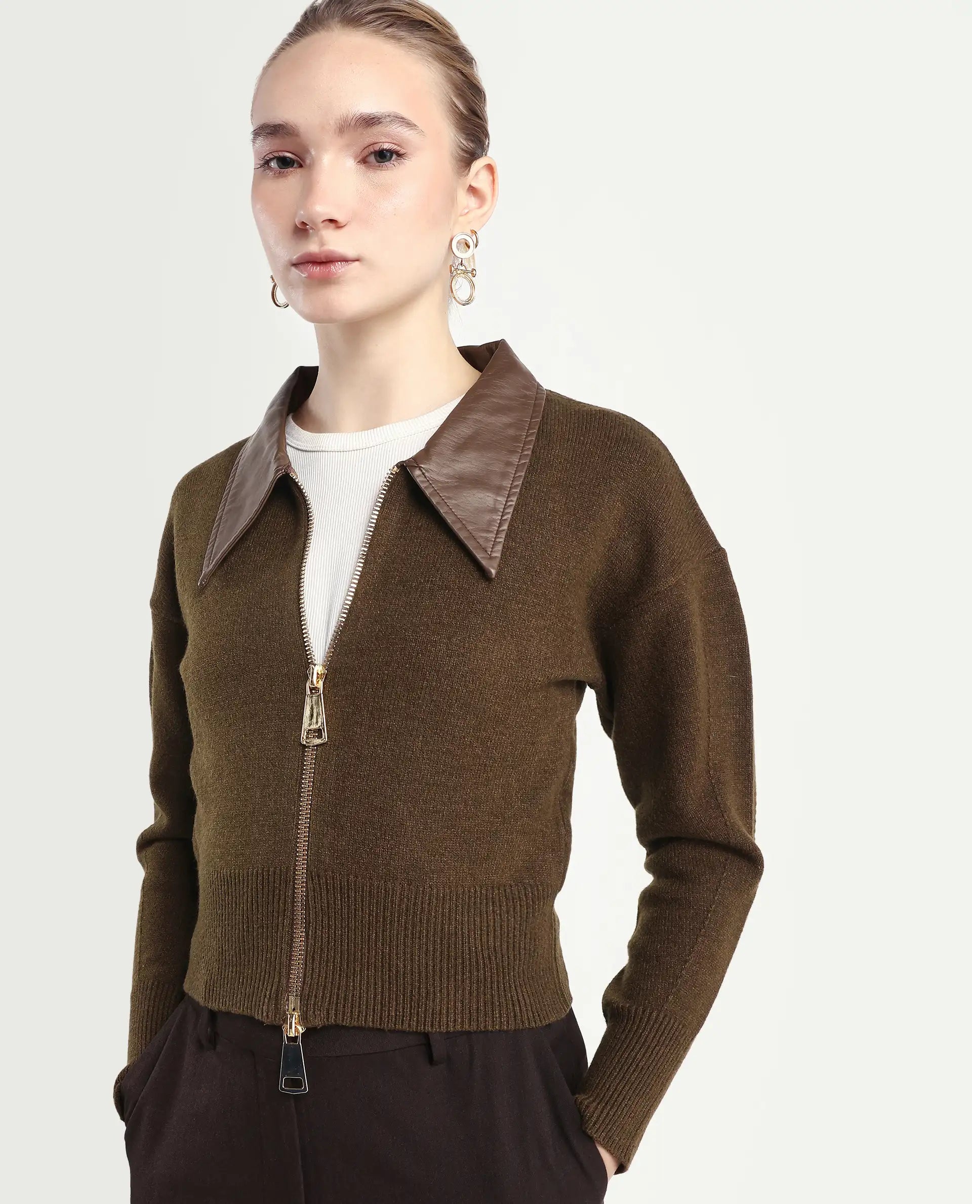 Rareism Women's Serpen Brown Drop Collar Plain Relaxed Fit Jacket