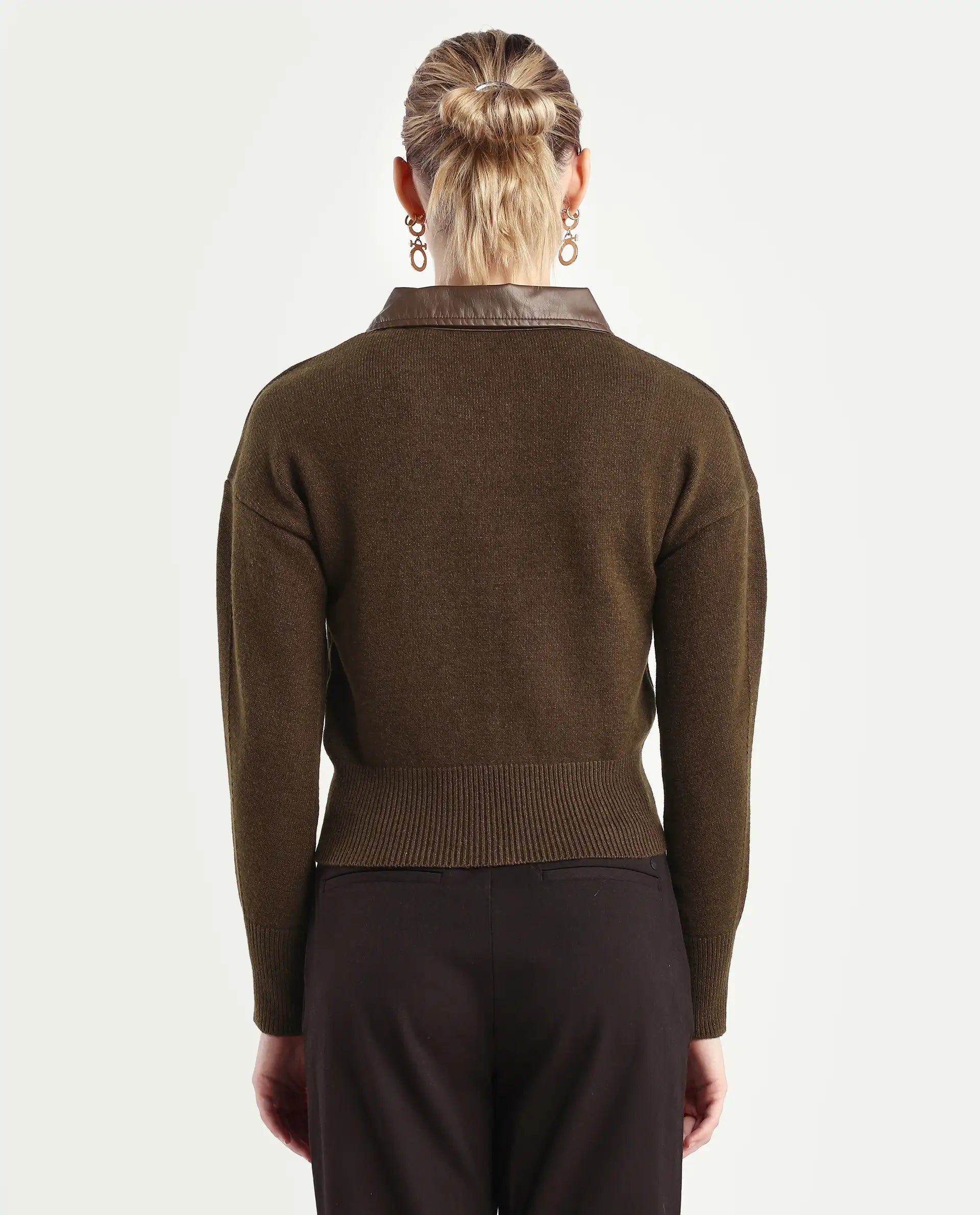 Rareism Women's Serpen Brown Drop Collar Plain Relaxed Fit Jacket