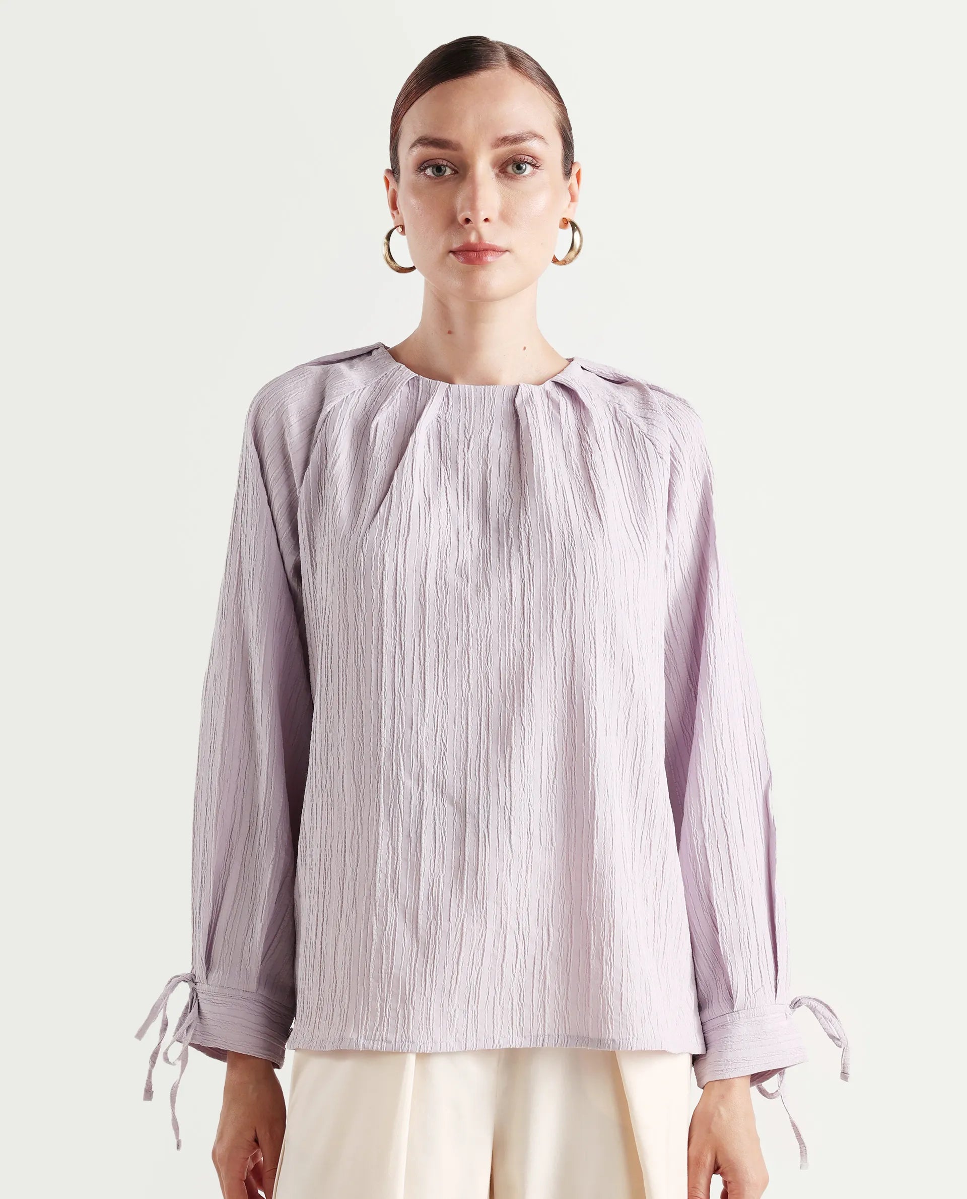 Rareism Women's Serty Grey Polyester Tie-Up Neck Plain Raglan Sleeve Regular Fit Top